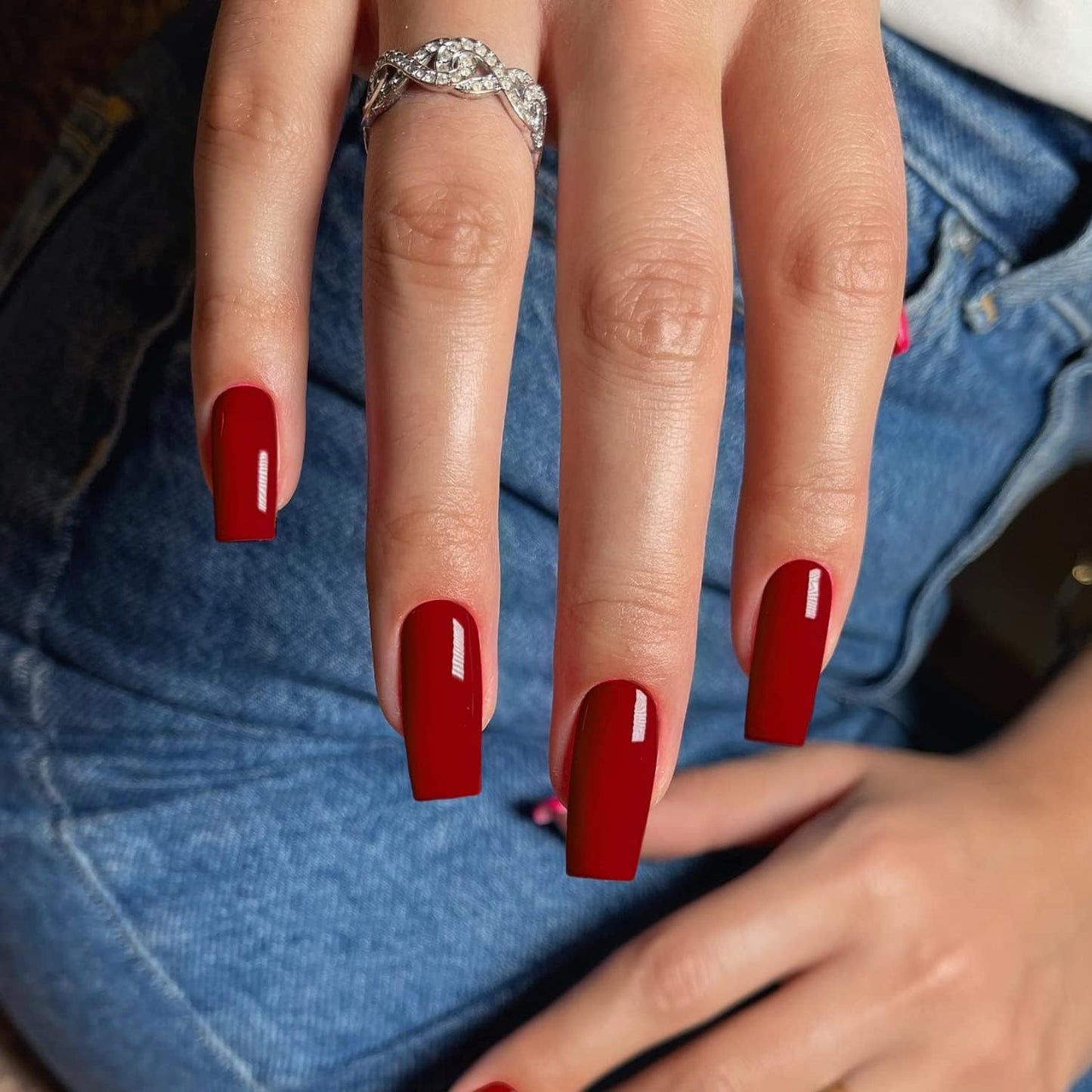 Red Press on Nails Medium Long Square, Medium Coffin Nails Acrylic Nails Press Ons Glue on Nails Medium Length, Solid Color Fake Nails for Women Christmas Holiday Thick Artificial Nails
