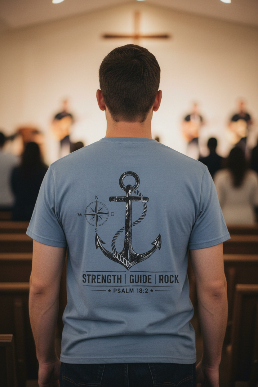 Anchor Graphic T-Shirt — "Strength Guide Rock" Psalm 18:2 Christian Outfitters Tee