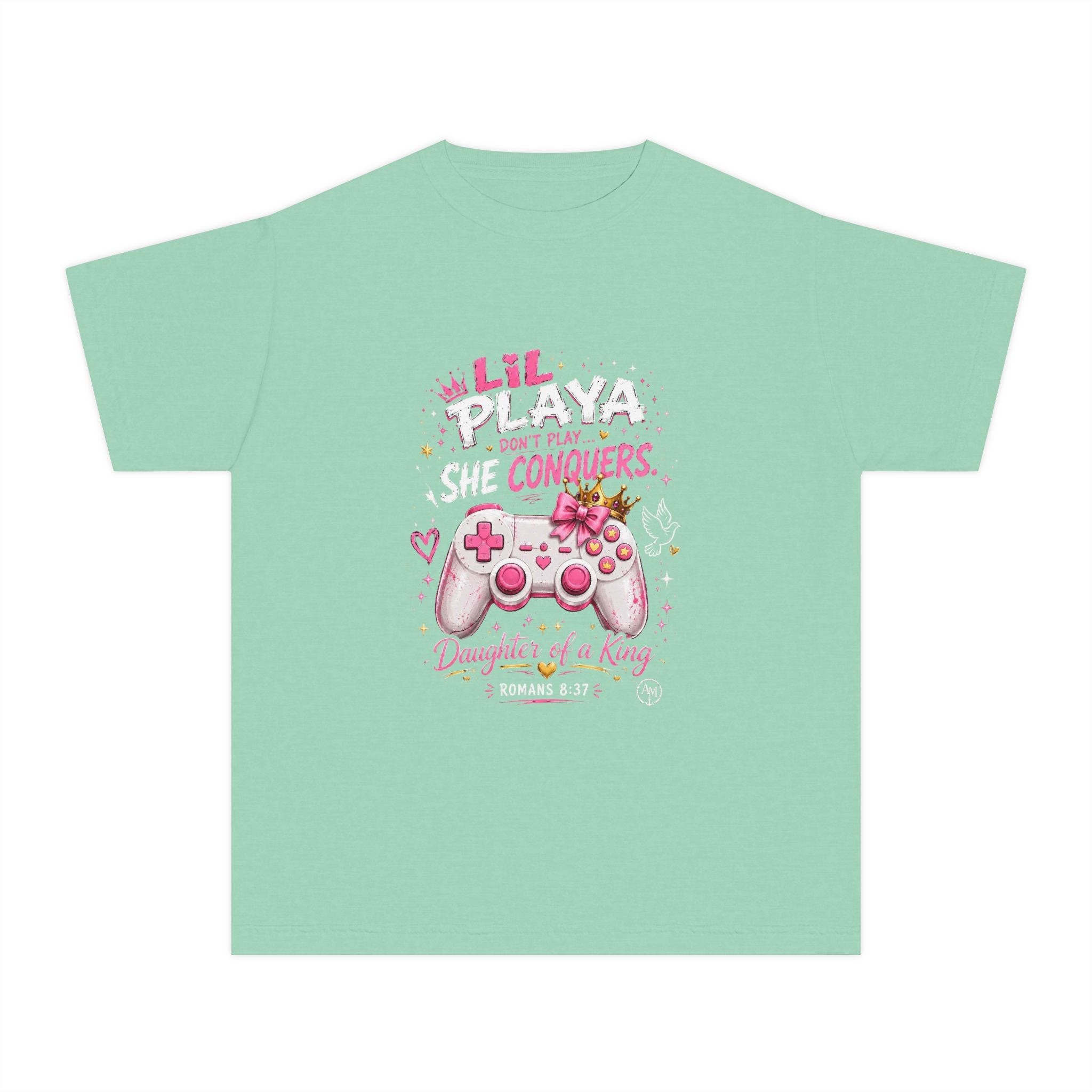 Youth Tee — "Lil Playa Don't Play...She Conquers" Gamer Girl T-Shirt (Daughter of a King, Romans 8:37)