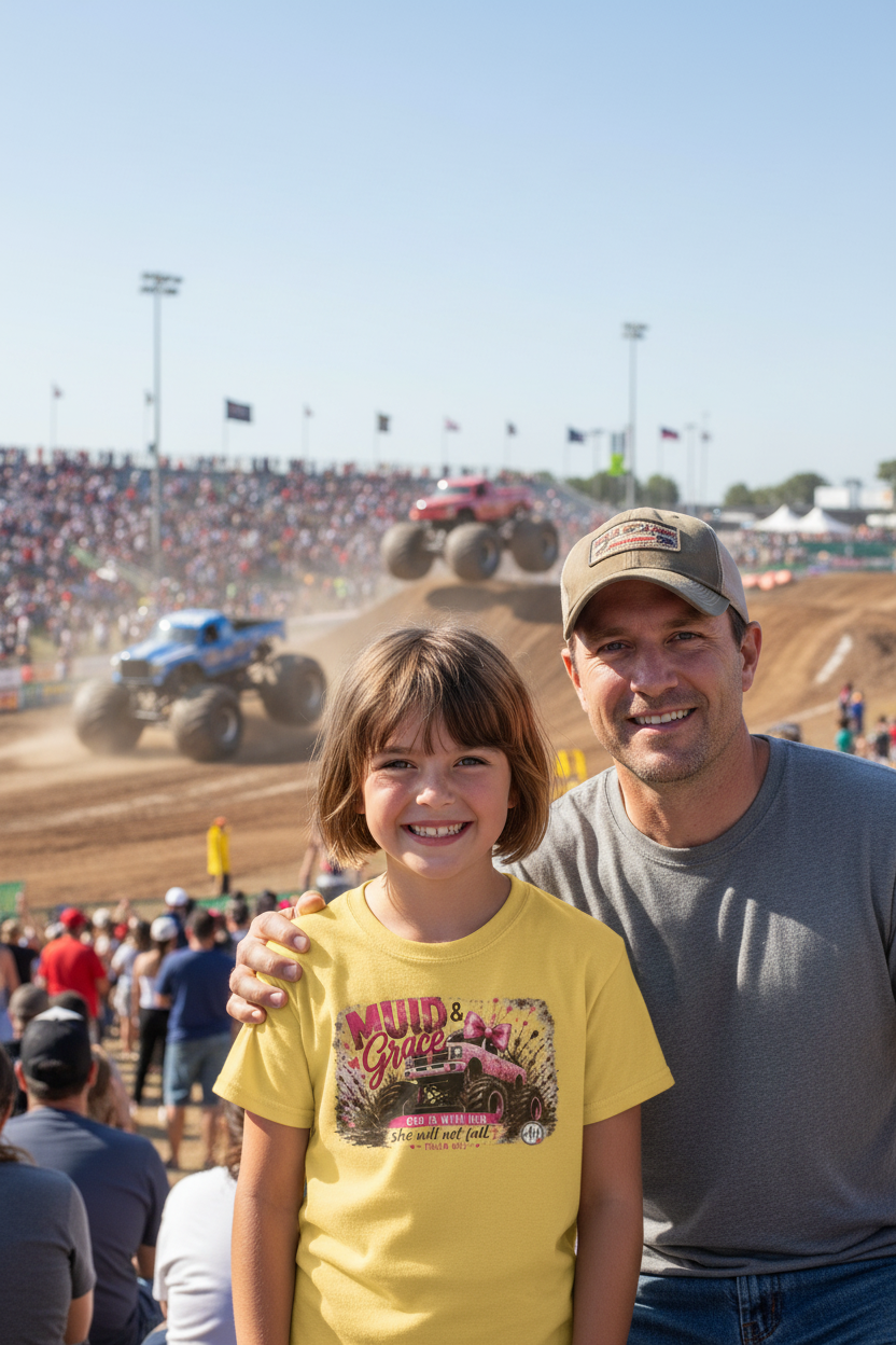Kids Mud & Gracie Off‑Road Truck Tee — Pink Girls’ Dirt Bike Adventure Shirt