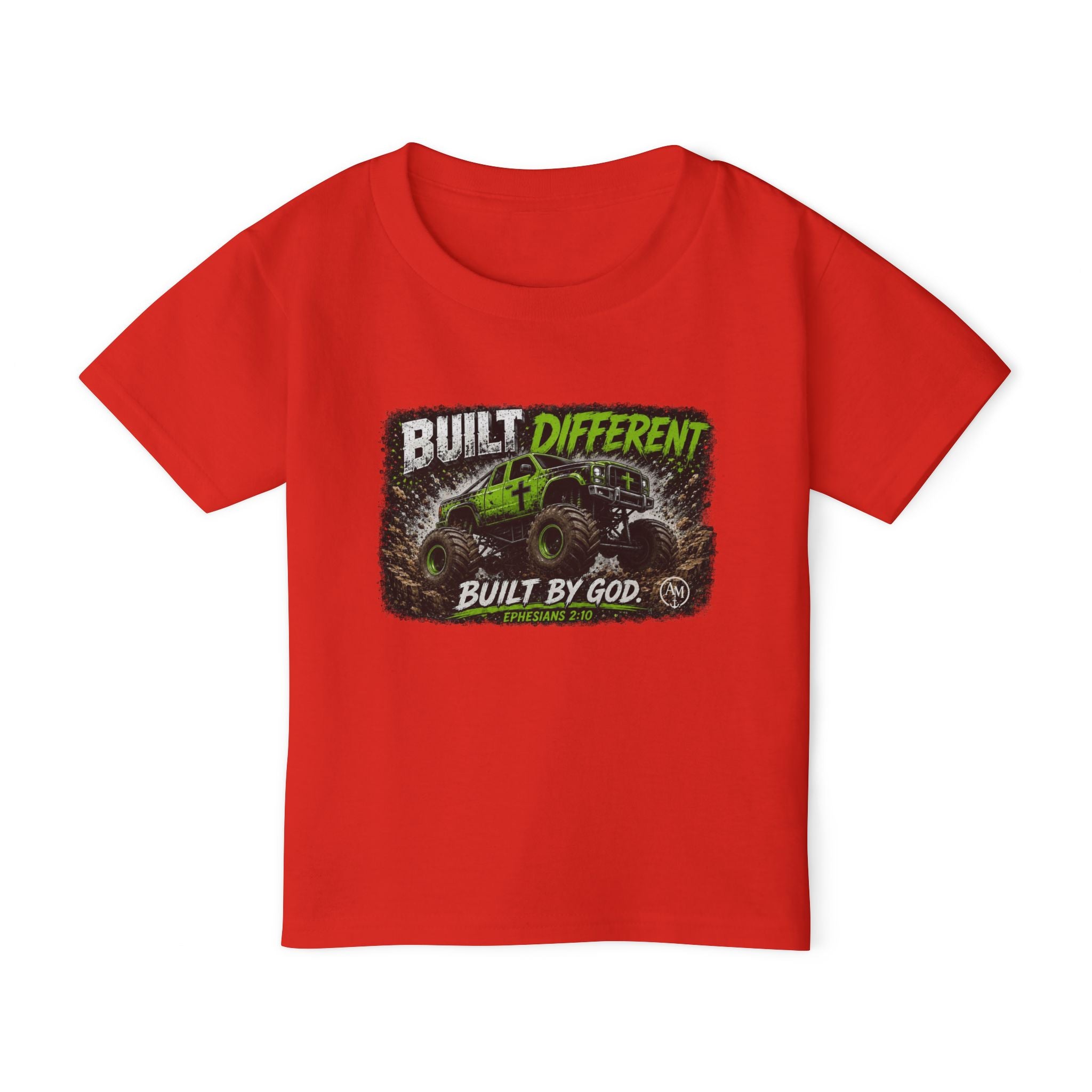 Toddler T‑Shirt — "Built Different, Built by God" Monster Truck Graphic