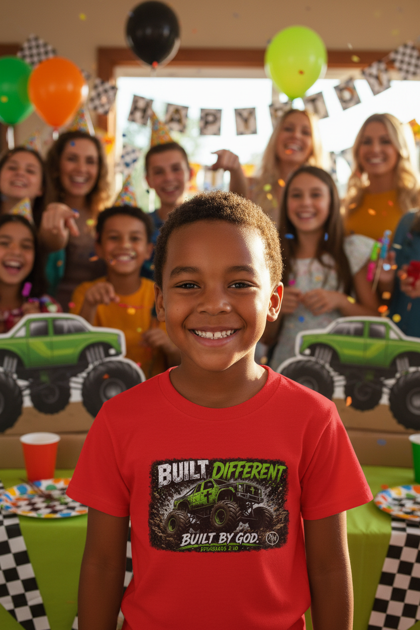 Toddler T‑Shirt — "Built Different, Built by God" Monster Truck Graphic
