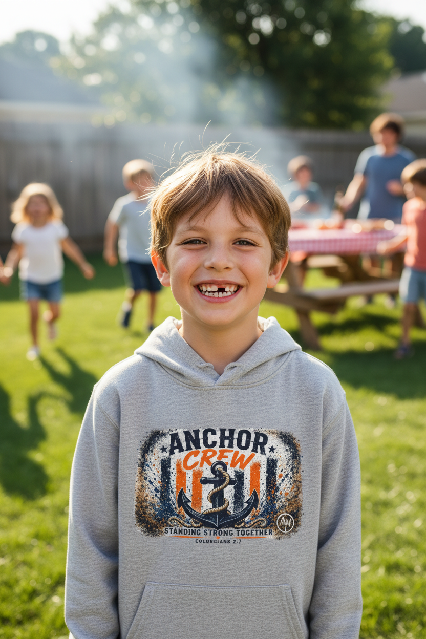 Anchor Crew Youth Hoodie — Nautical Anchor Graphic Fleece Sweatshirt