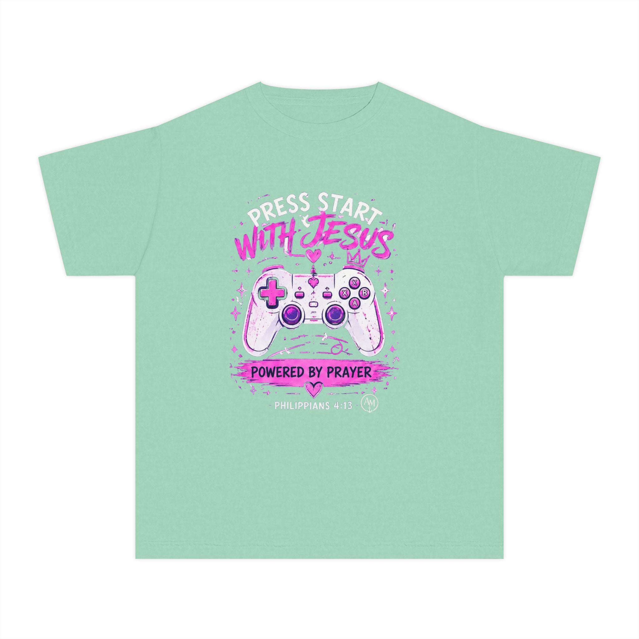 Youth Tee - "Press Start with Jesus" Gamer Christian T-Shirt (Powered by Prayer)