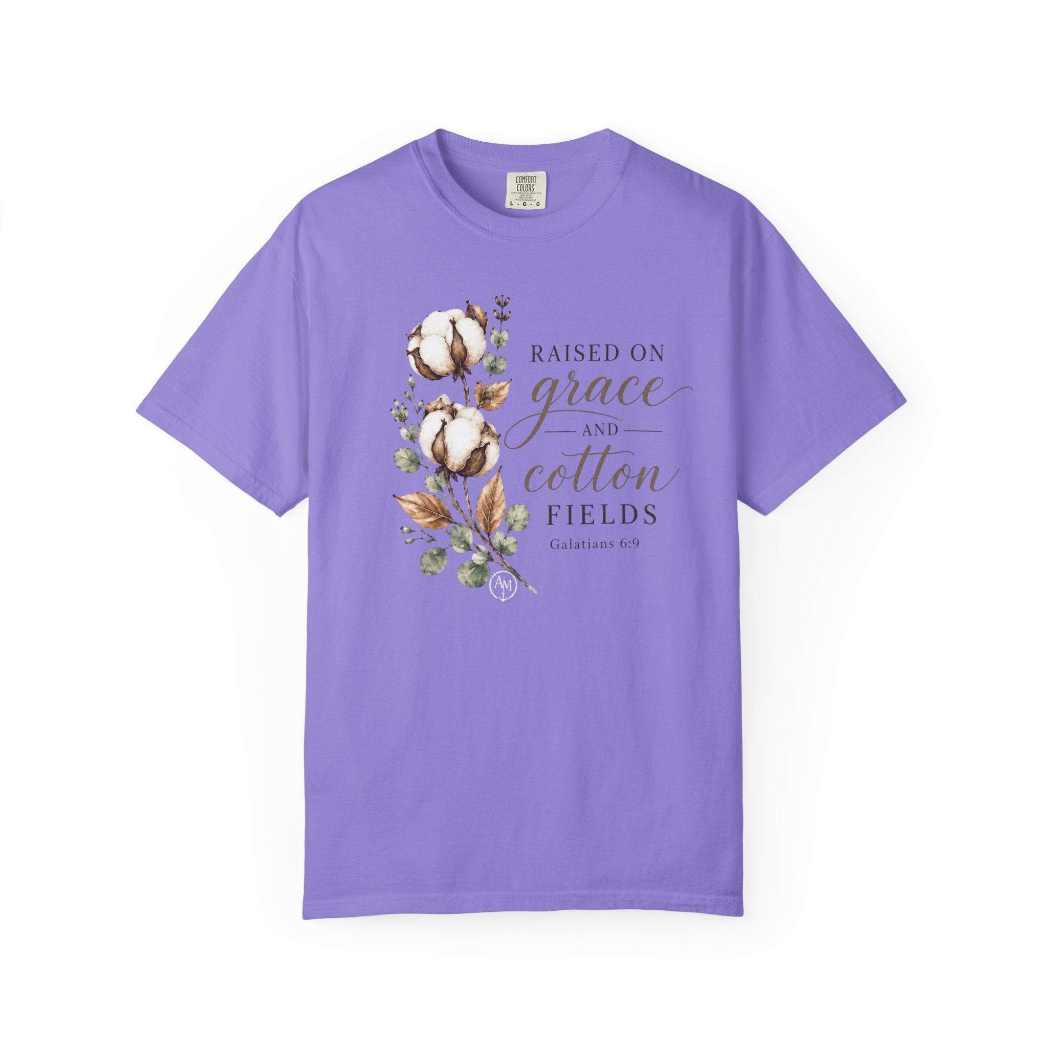 Raised on Grace and Cotton Fields T-Shirt — Rustic Floral Christian Tee