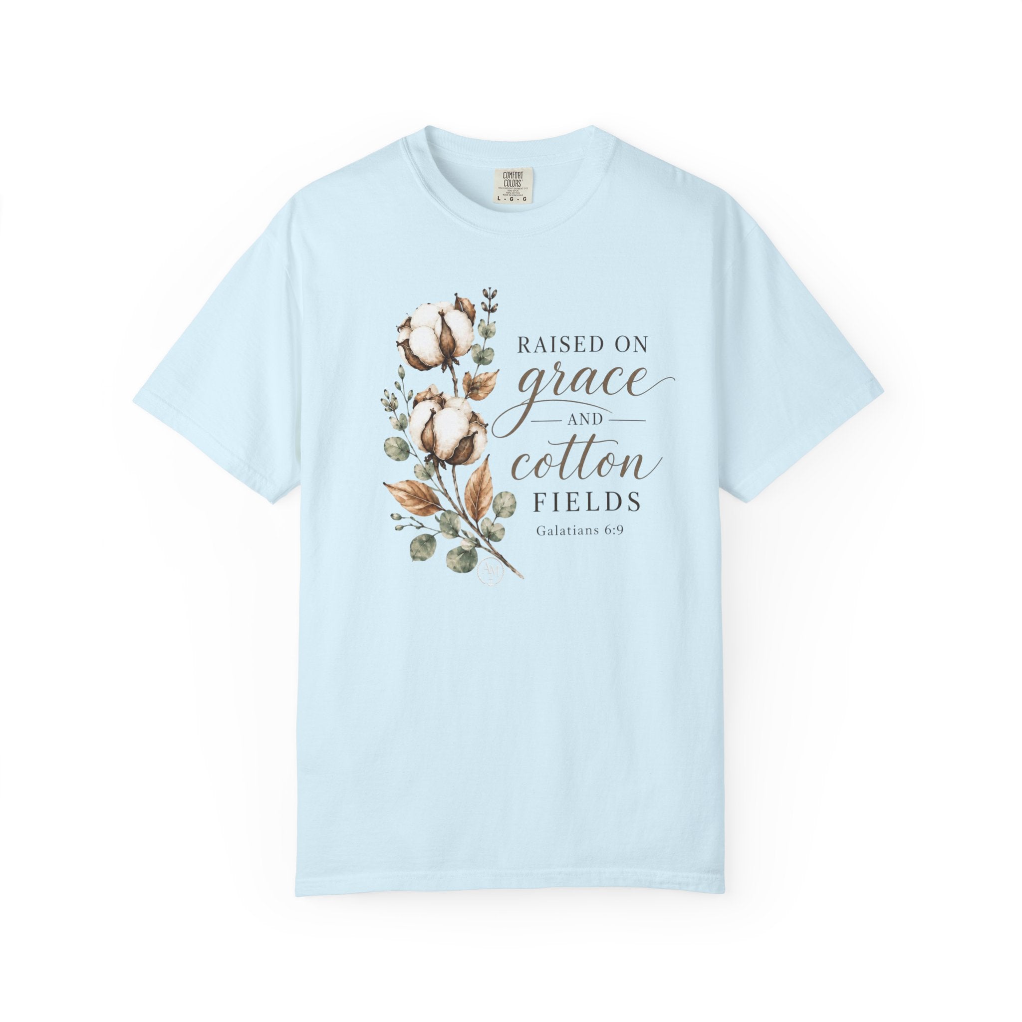 Raised on Grace and Cotton Fields T-Shirt — Rustic Floral Christian Tee