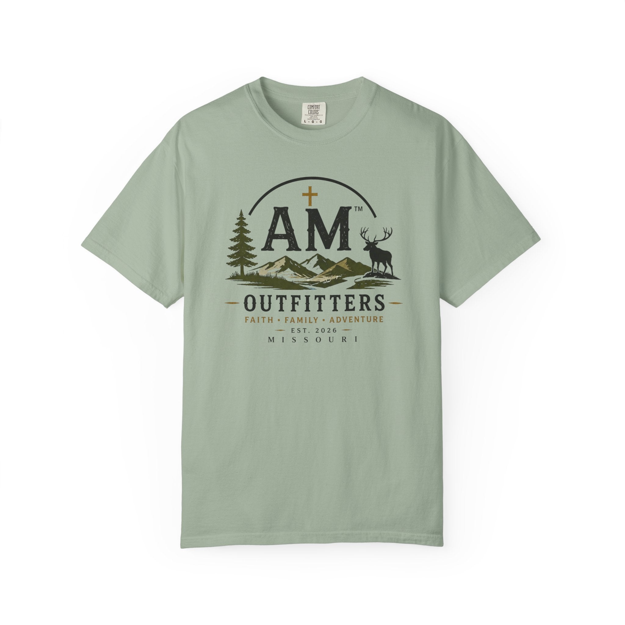 Outfitters T-Shirt — AM Mountains & Deer Graphic (Faith • Family • Adventure)