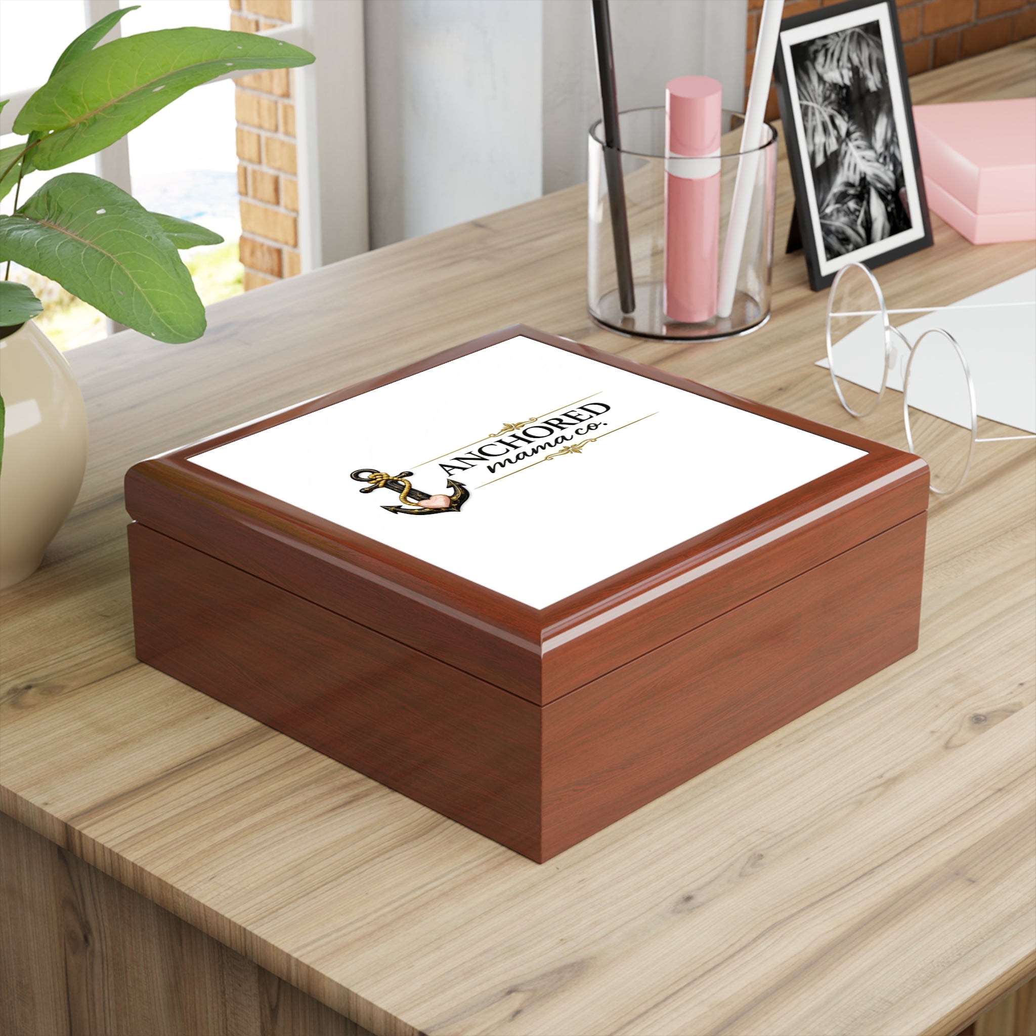 Anchored Mama Heirloom Jewelry Box | Wooden Keepsake Box with Ceramic Lid