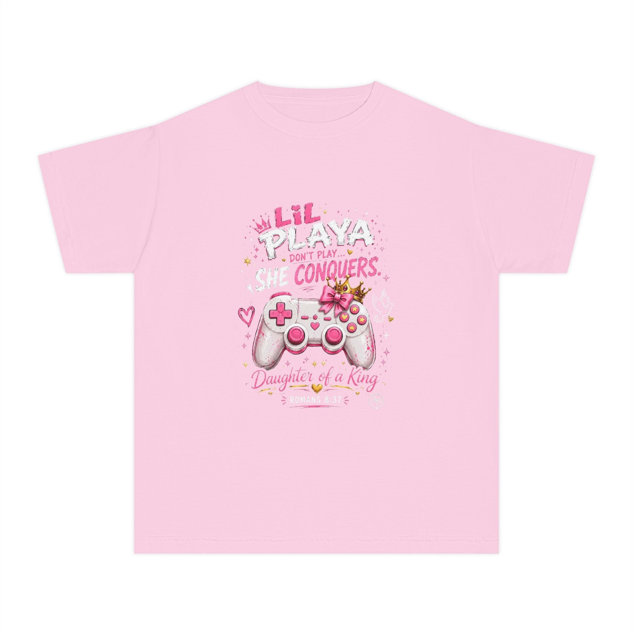 Youth Tee — "Lil Playa Don't Play...She Conquers" Gamer Girl T-Shirt (Daughter of a King, Romans 8:37)