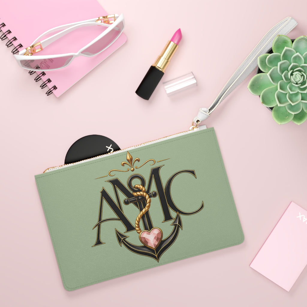 Anchor Heart Monogram Clutch Bag | Sage Wristlet Pouch | Anchored Mama Co.