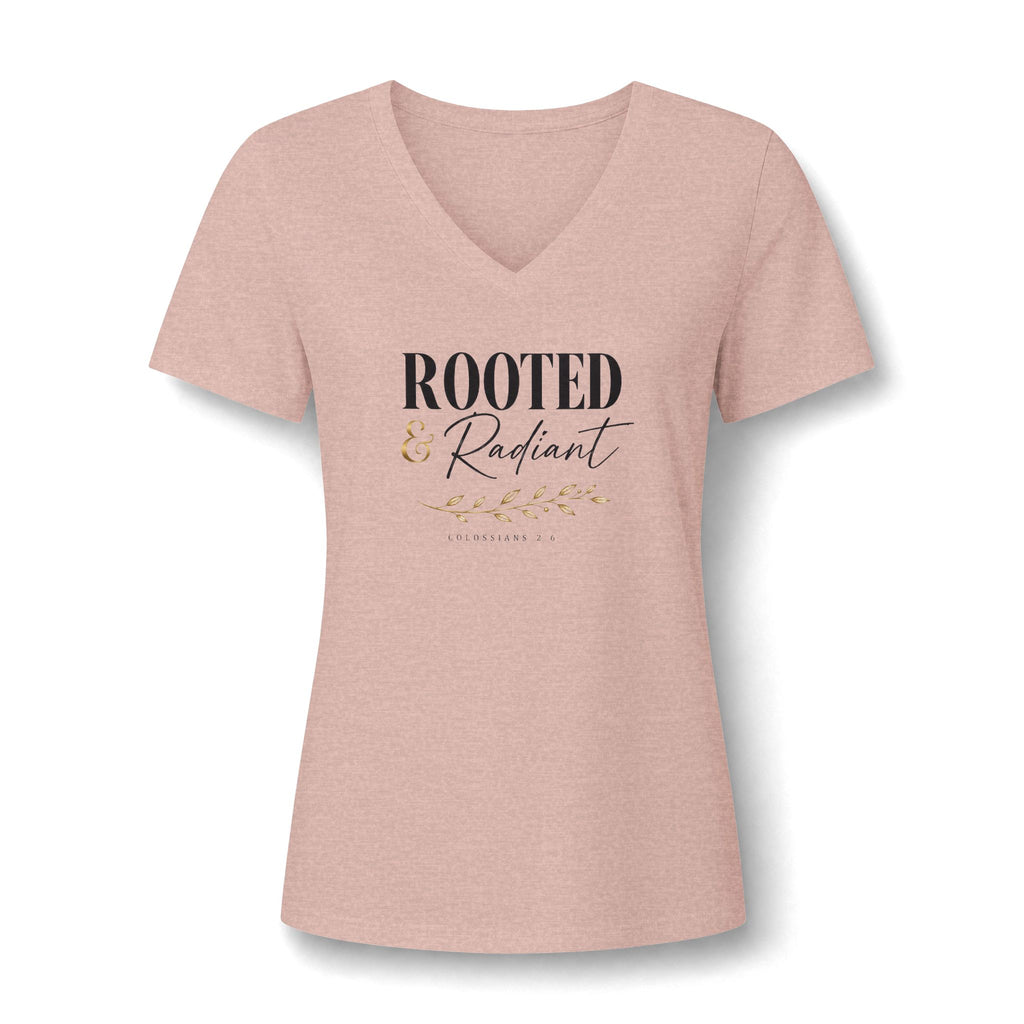 Rooted & Radiant Women's V-Neck Tee — Inspirational Floral Faith Graphic