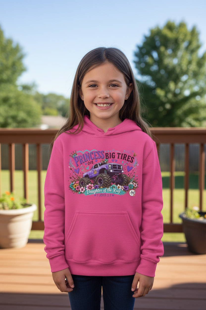 Youth Hoodie - "Princess of Big Tires" Monster Truck Floral Graphic