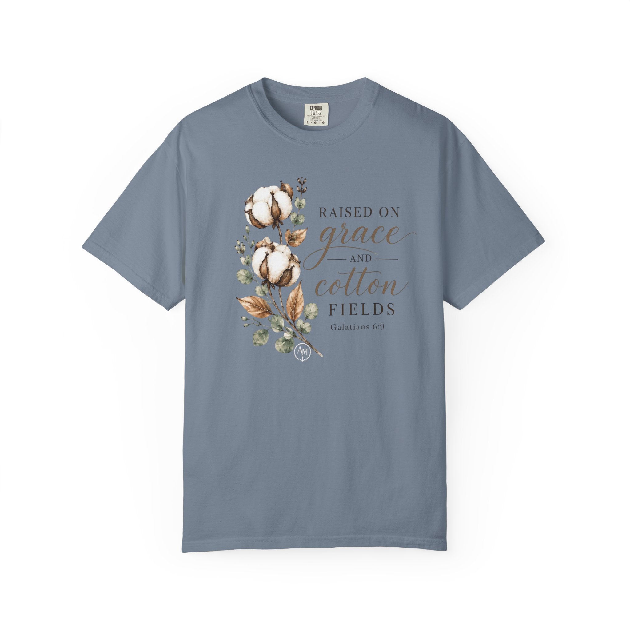 Raised on Grace and Cotton Fields T-Shirt — Rustic Floral Christian Tee