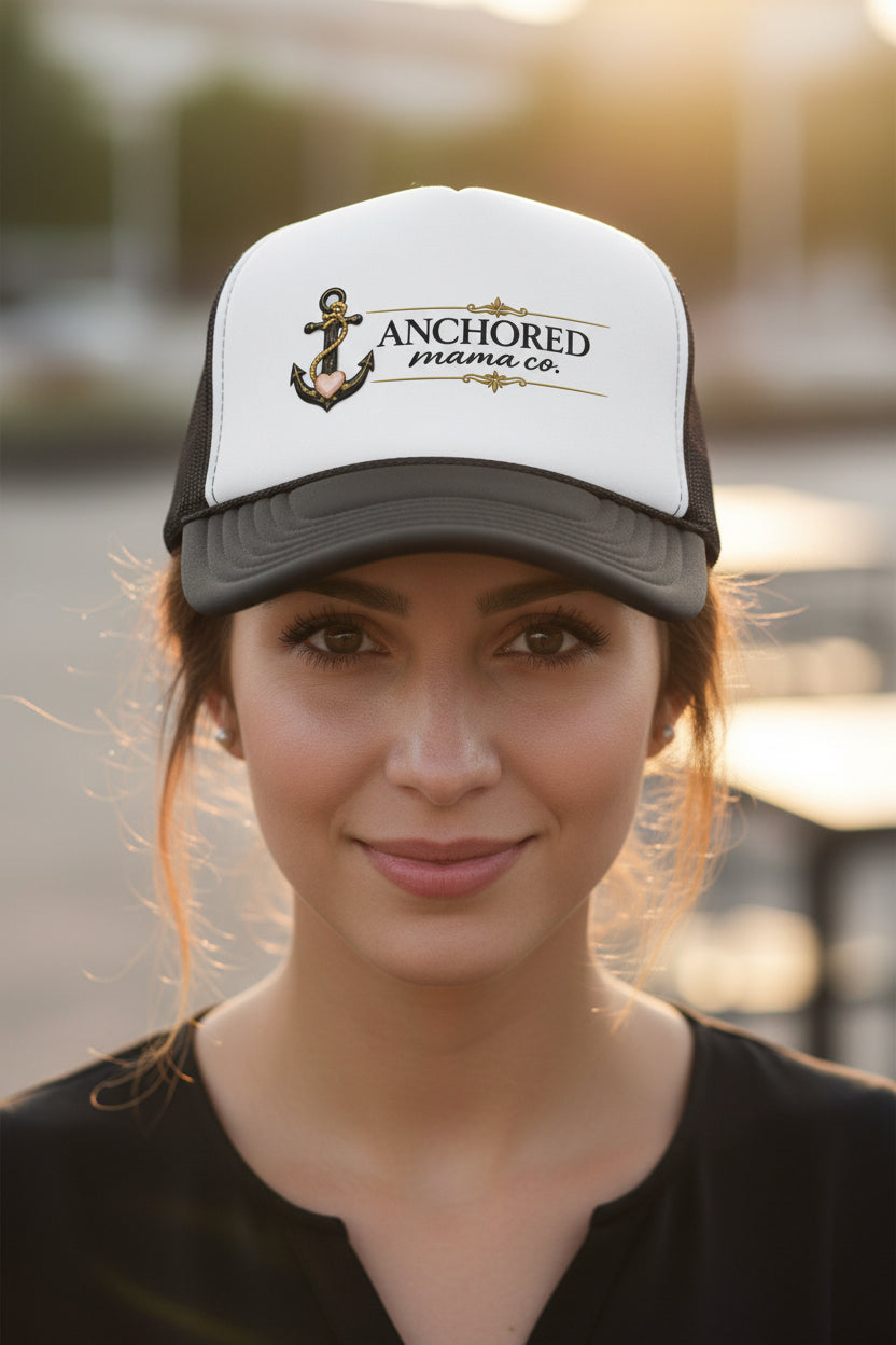Anchored Mama Co. Trucker Hat – Vintage Anchor Mesh Cap for Christian Moms