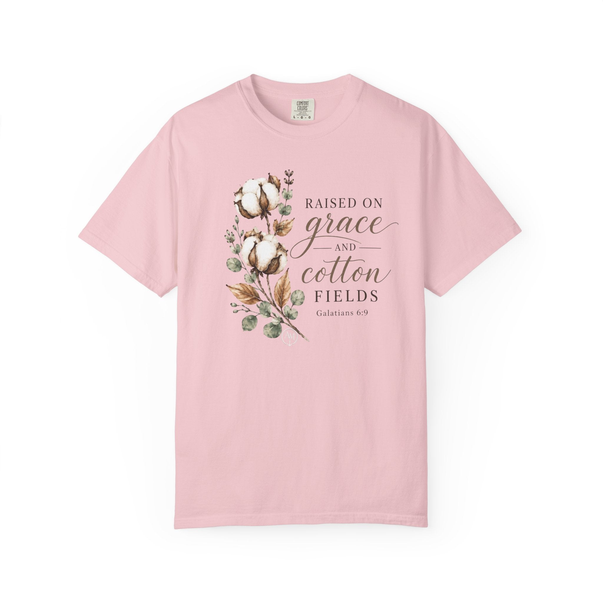 Raised on Grace and Cotton Fields T-Shirt — Rustic Floral Christian Tee