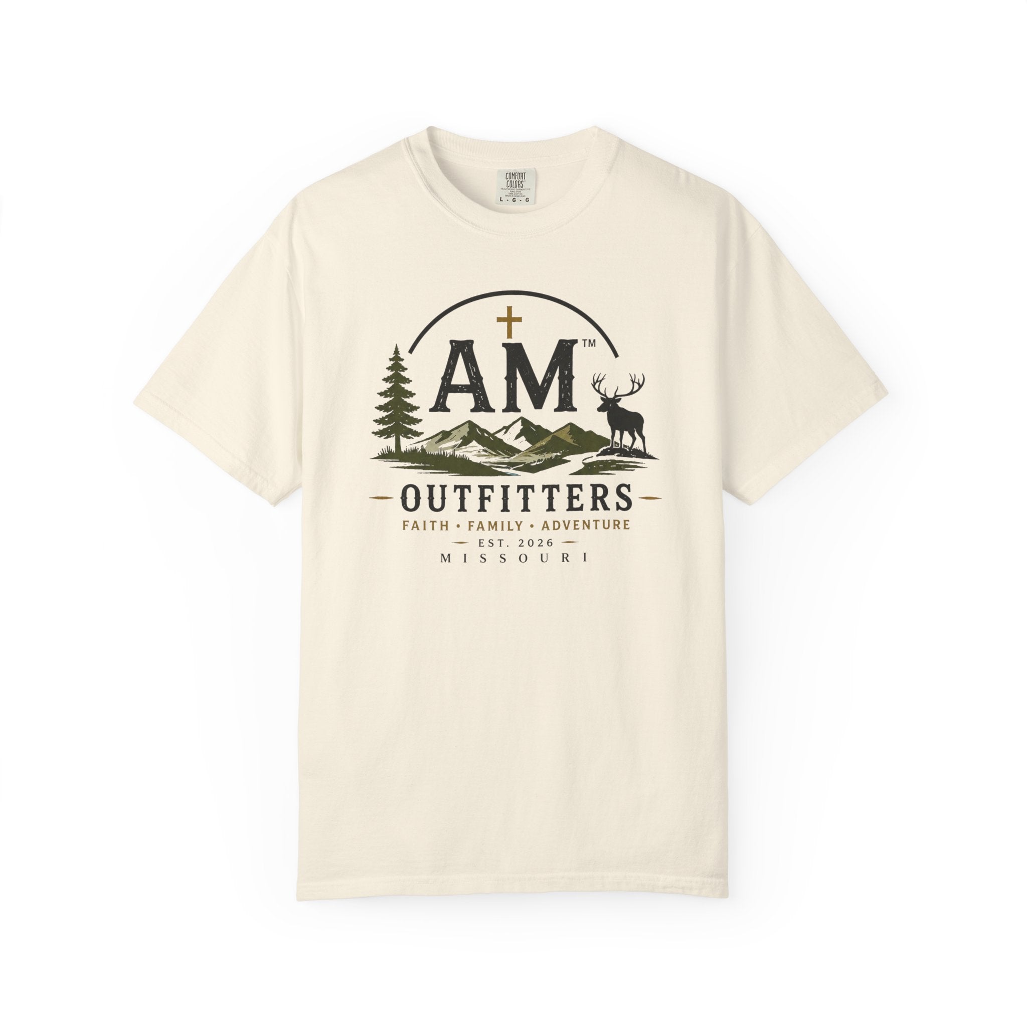 Outfitters T-Shirt — AM Mountains & Deer Graphic (Faith • Family • Adventure)