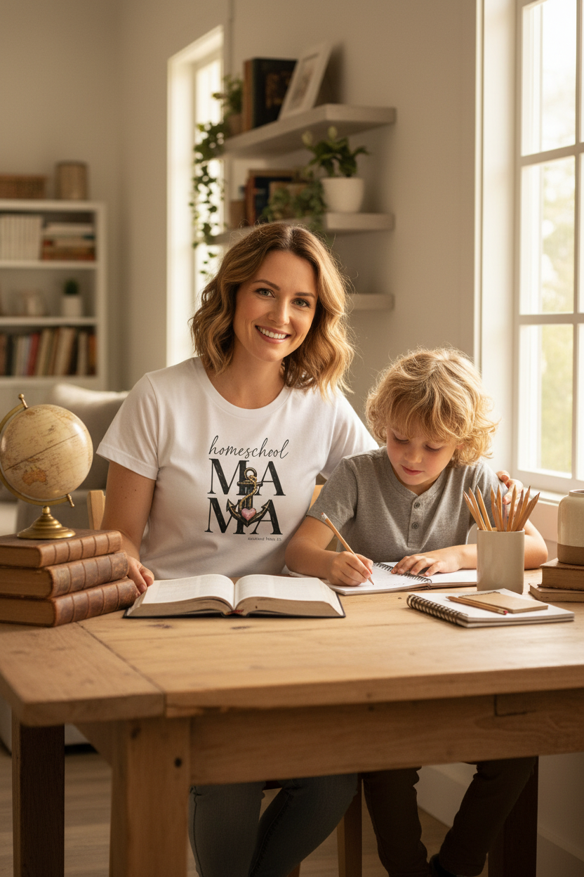 Homeschool Mama™ Floral Anchor T-Shirt | Christian Homeschool Mom Tee | Anchored Mama Studio