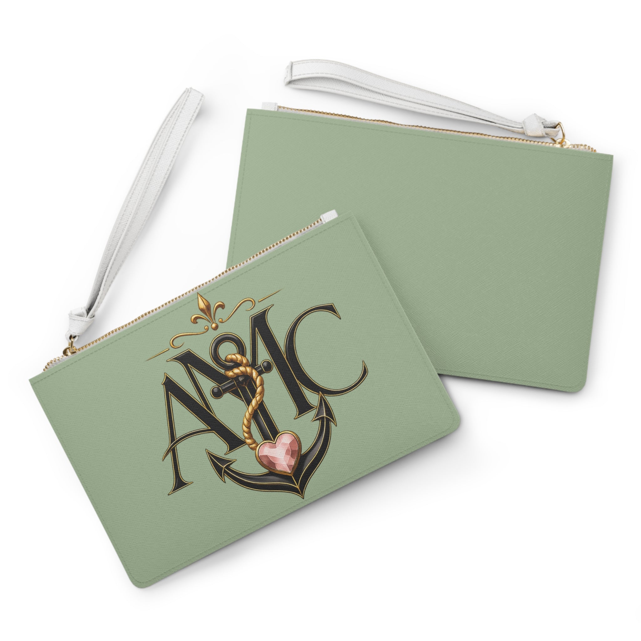 Anchor Heart Monogram Clutch Bag | Sage Wristlet Pouch | Anchored Mama Co.