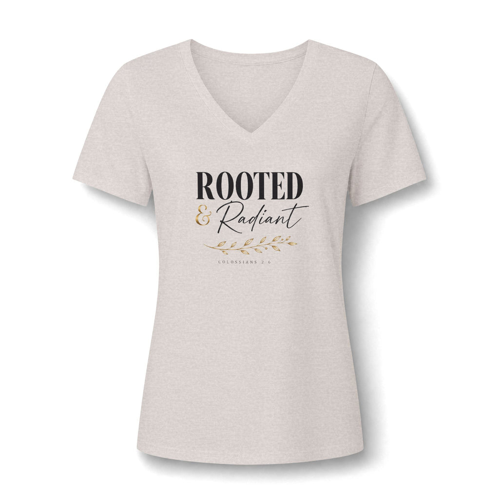 Rooted & Radiant Women's V-Neck Tee — Inspirational Floral Faith Graphic