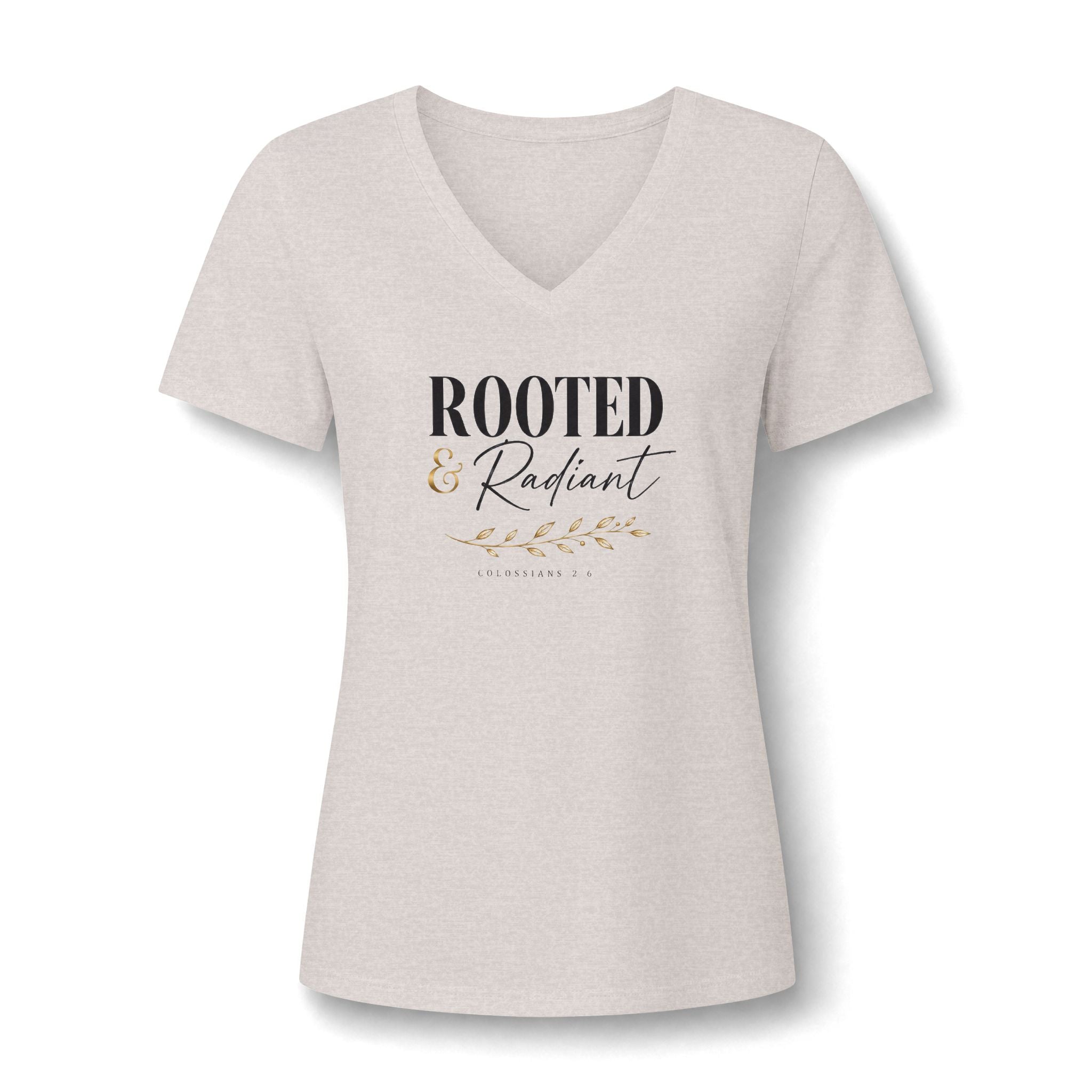 Rooted & Radiant Women's V-Neck Tee — Inspirational Floral Faith Graphic
