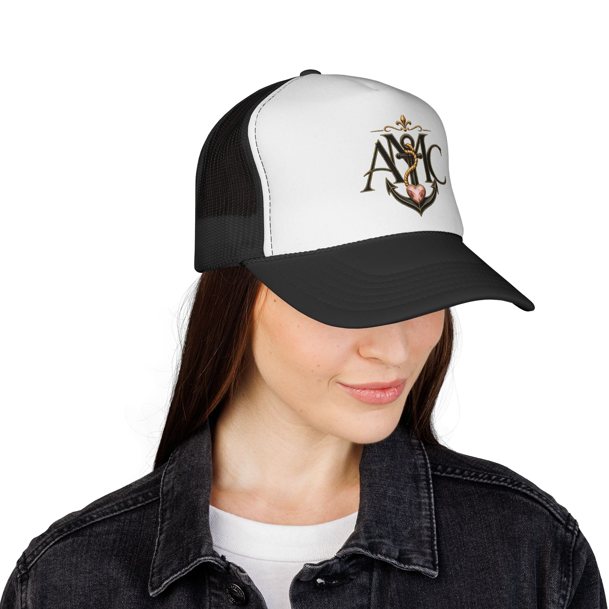 Anchored Mama Co. Monogram Trucker Hat – Vintage Anchor Crest Mesh Cap