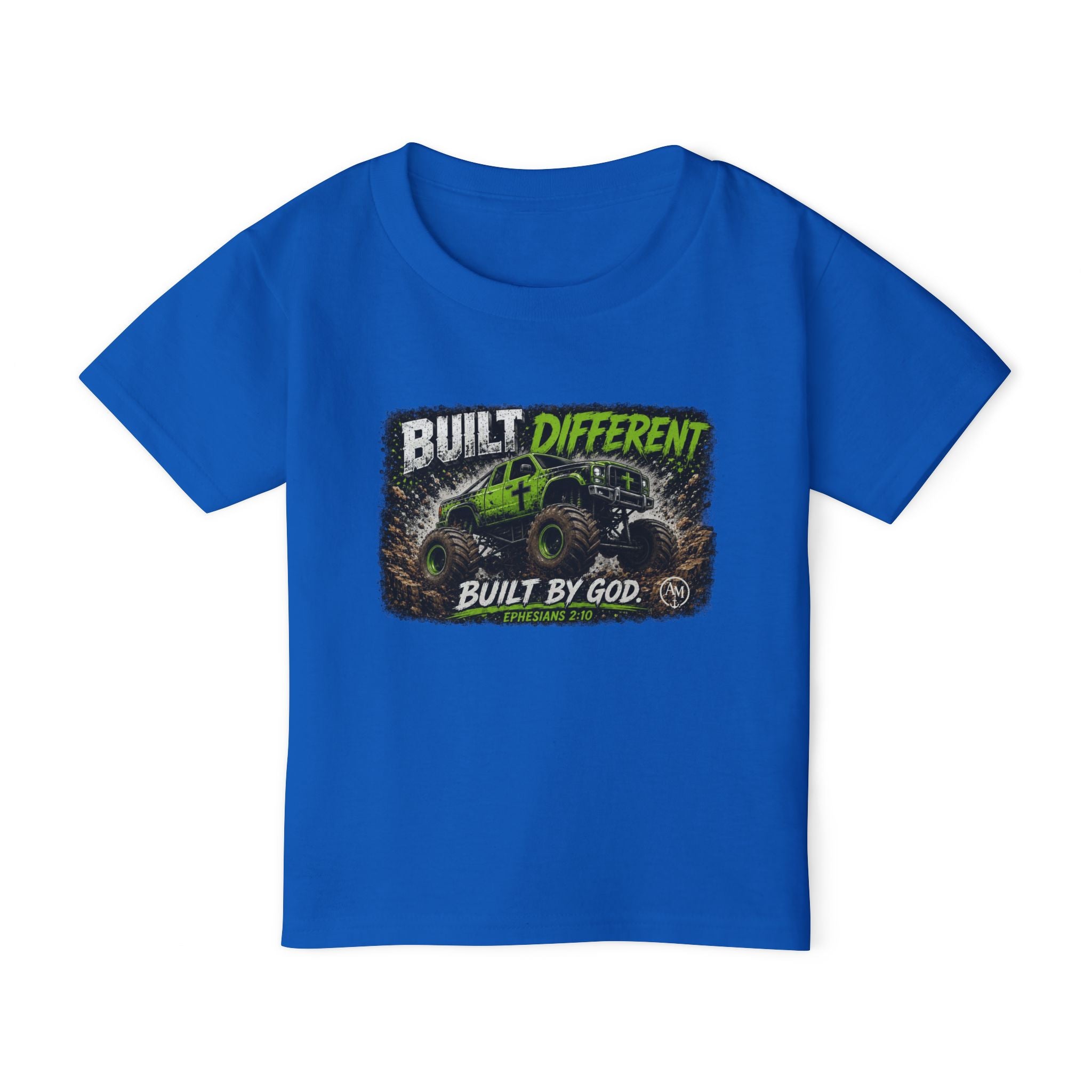 Toddler T‑Shirt — "Built Different, Built by God" Monster Truck Graphic