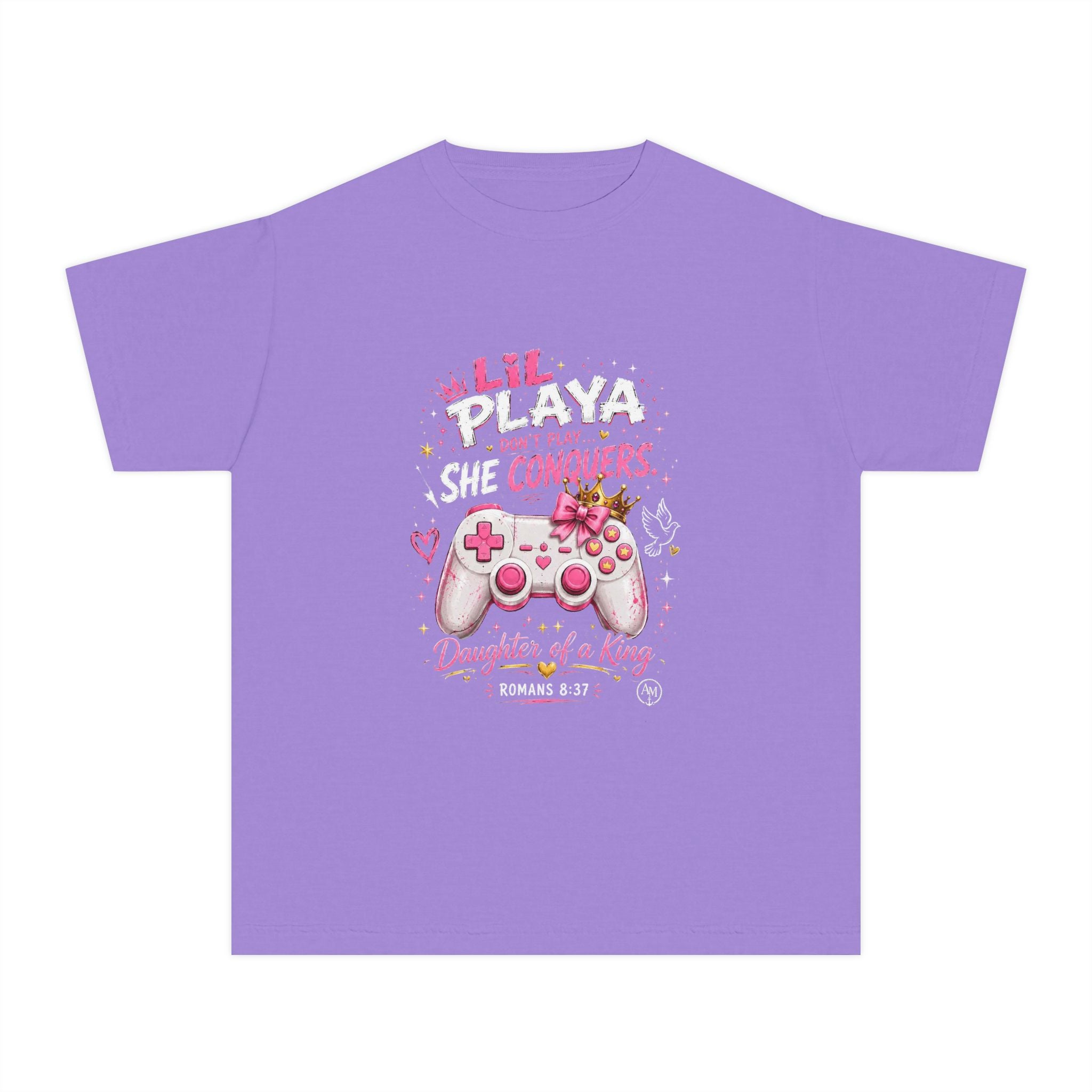 Youth Tee — "Lil Playa Don't Play...She Conquers" Gamer Girl T-Shirt (Daughter of a King, Romans 8:37)