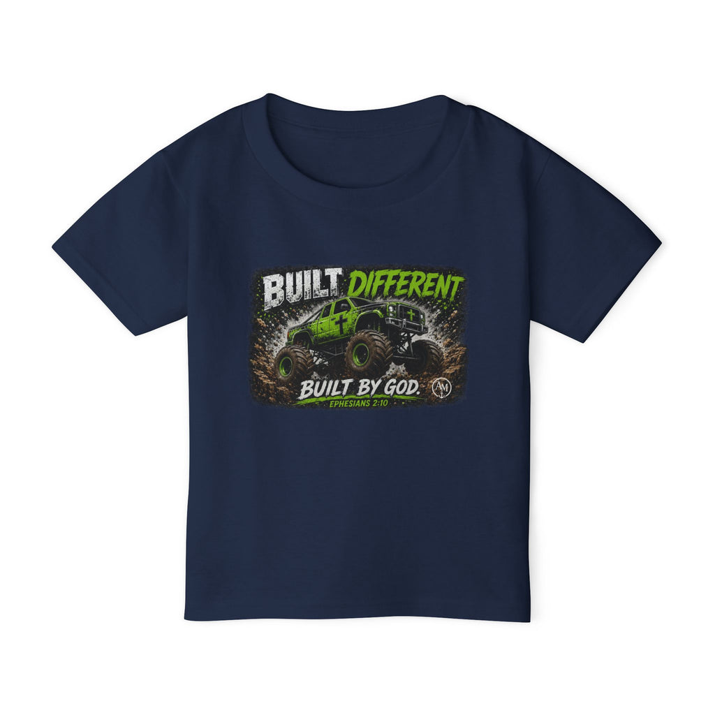 Toddler T‑Shirt — "Built Different, Built by God" Monster Truck Graphic