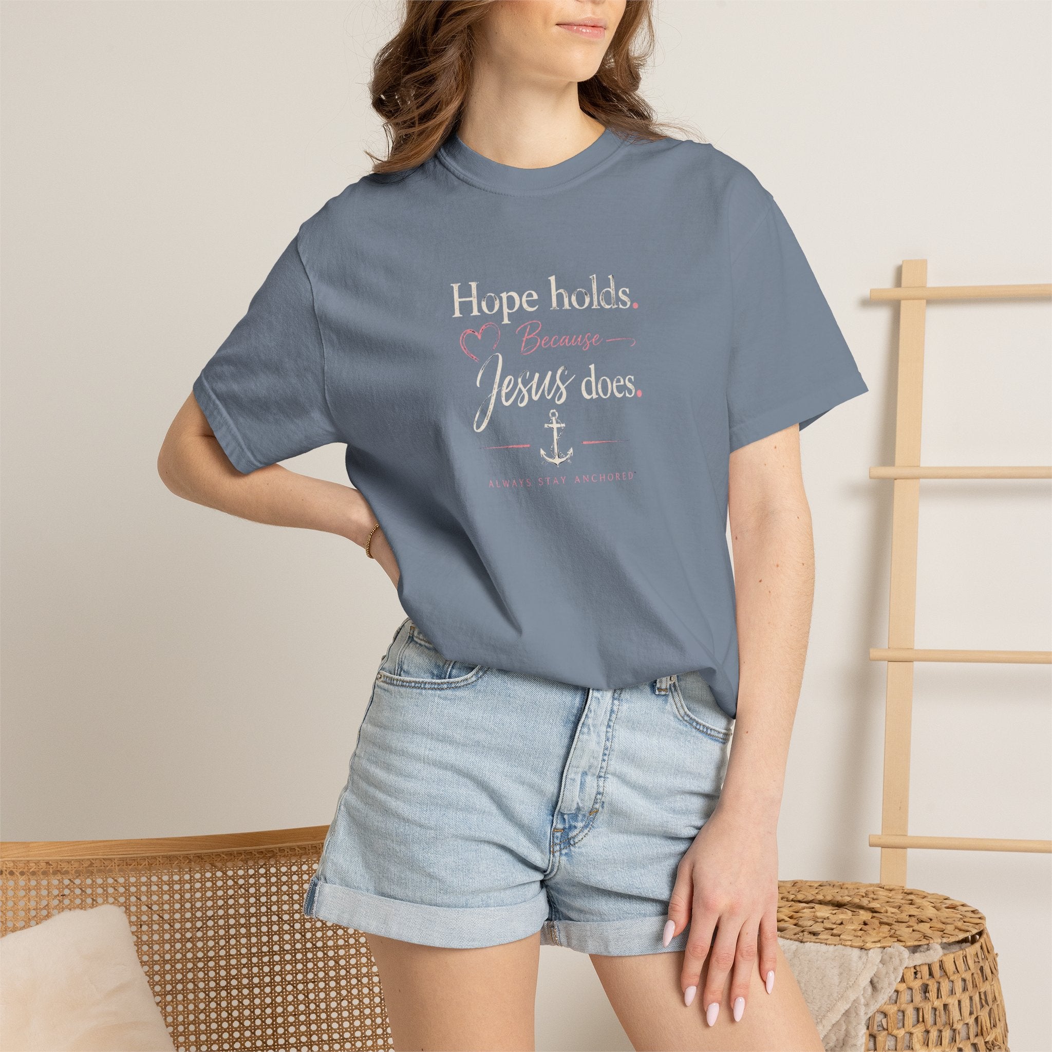 Christian T‑Shirt — "Hope Holds Because Jesus Does" Inspirational Tee