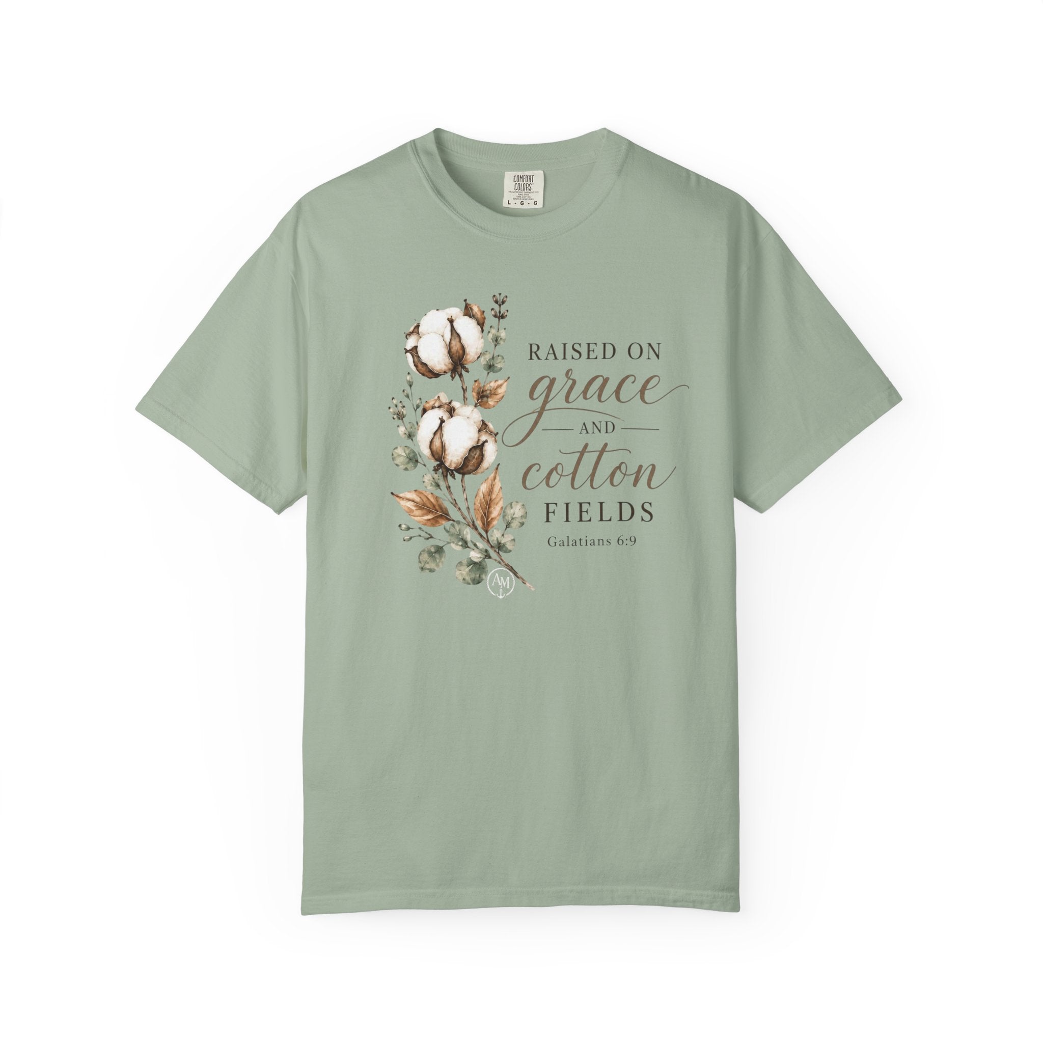Raised on Grace and Cotton Fields T-Shirt — Rustic Floral Christian Tee