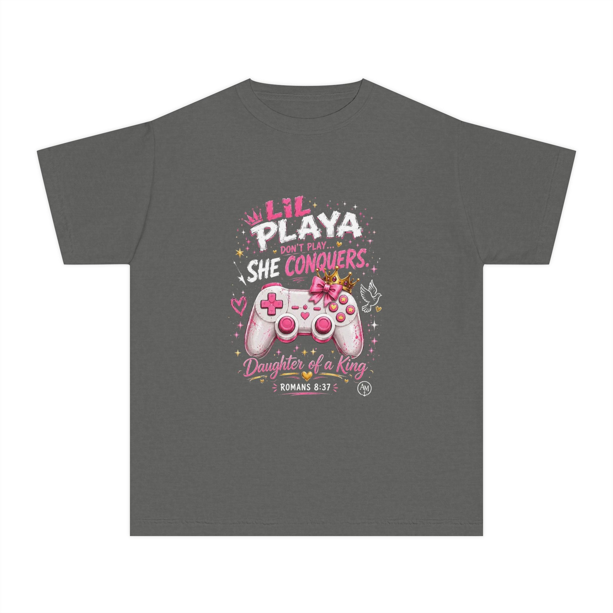 Youth Tee — "Lil Playa Don't Play...She Conquers" Gamer Girl T-Shirt (Daughter of a King, Romans 8:37)