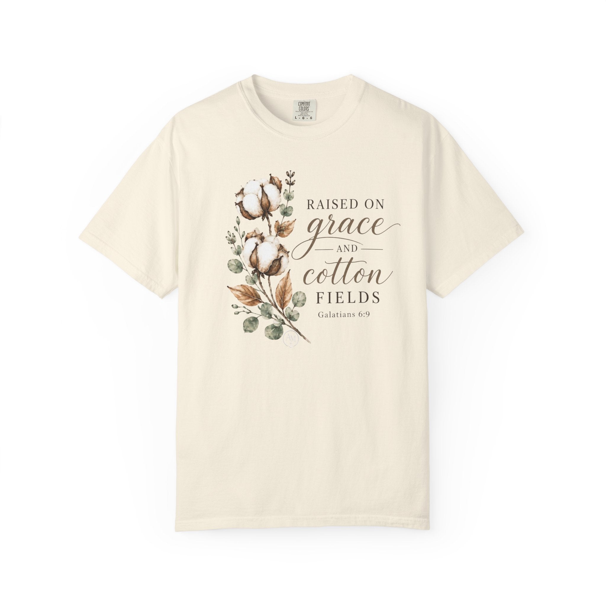 Raised on Grace and Cotton Fields T-Shirt — Rustic Floral Christian Tee
