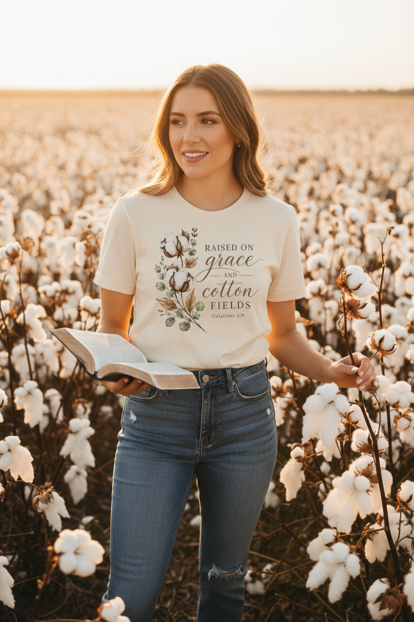 Raised on Grace and Cotton Fields T-Shirt — Rustic Floral Christian Tee