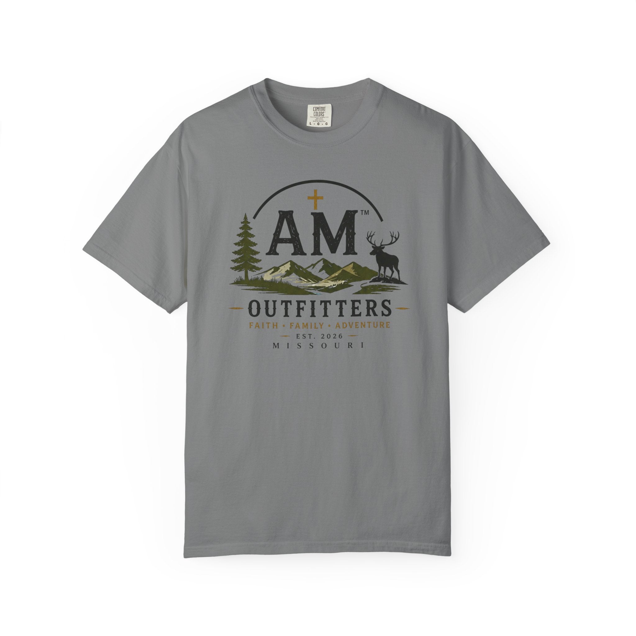 Outfitters T-Shirt — AM Mountains & Deer Graphic (Faith • Family • Adventure)