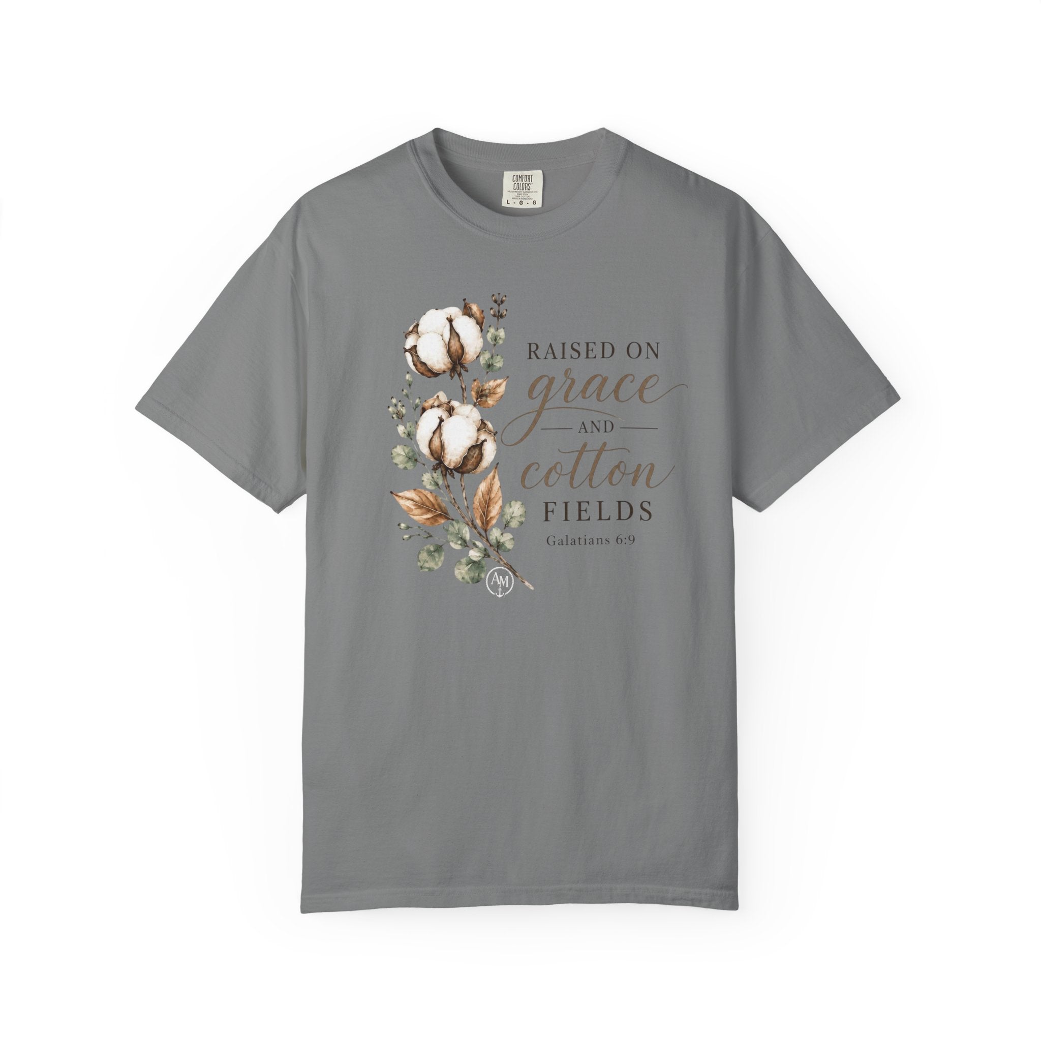 Raised on Grace and Cotton Fields T-Shirt — Rustic Floral Christian Tee