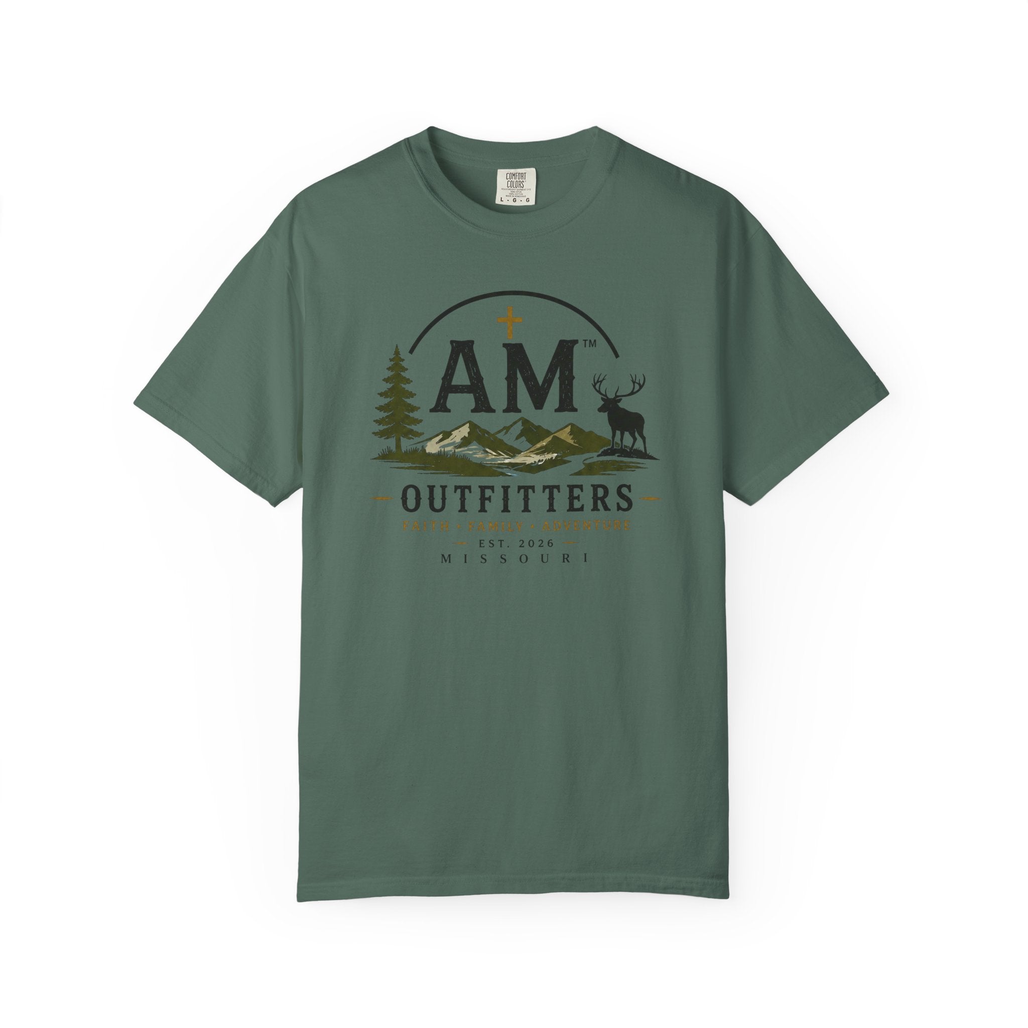 Outfitters T-Shirt — AM Mountains & Deer Graphic (Faith • Family • Adventure)