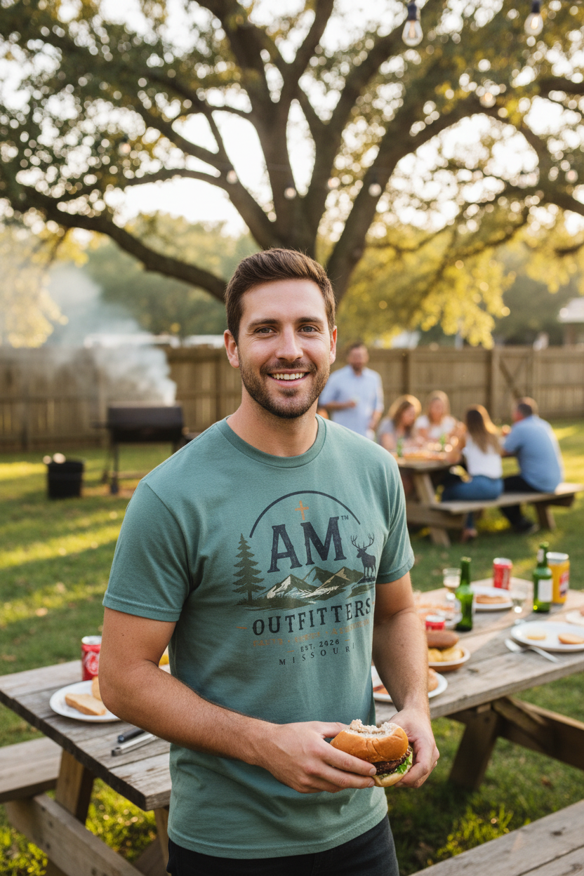 Outfitters T-Shirt — AM Mountains & Deer Graphic (Faith • Family • Adventure)