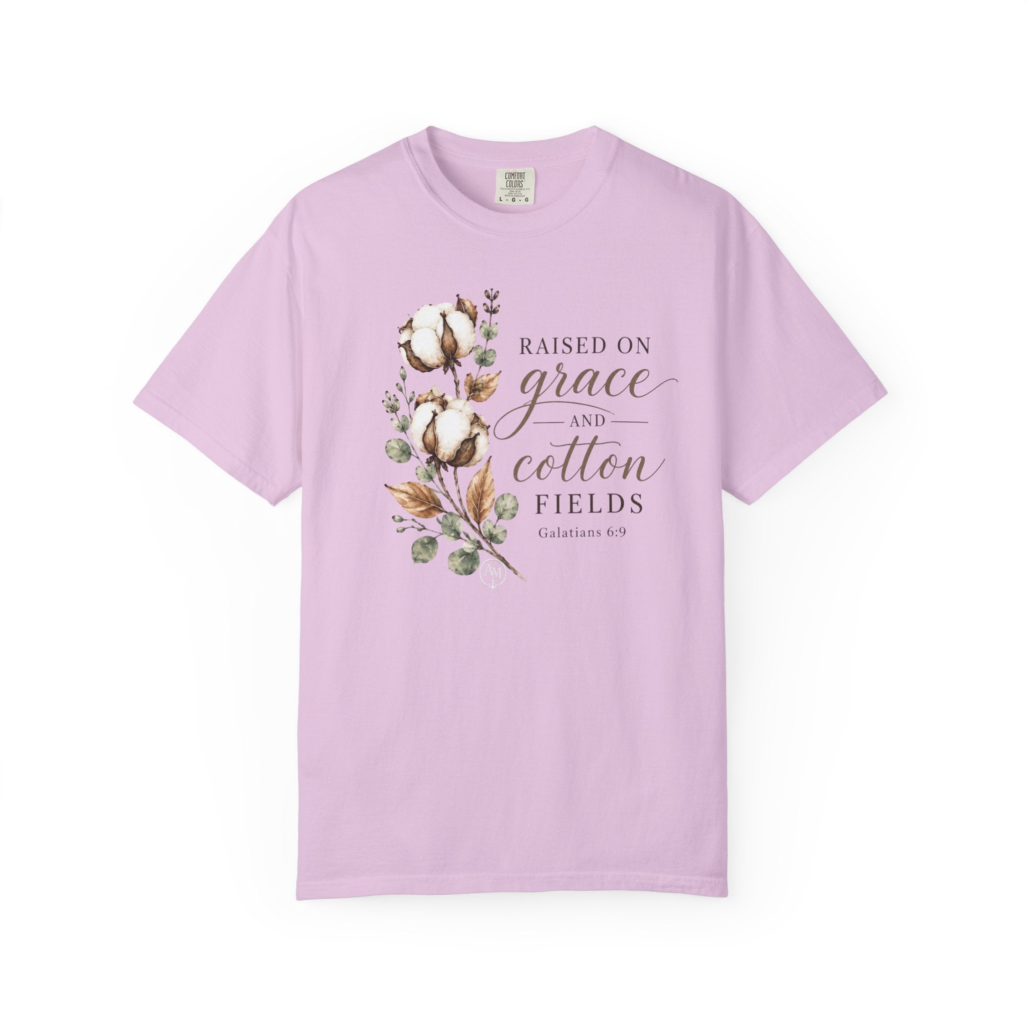 Raised on Grace and Cotton Fields T-Shirt — Rustic Floral Christian Tee