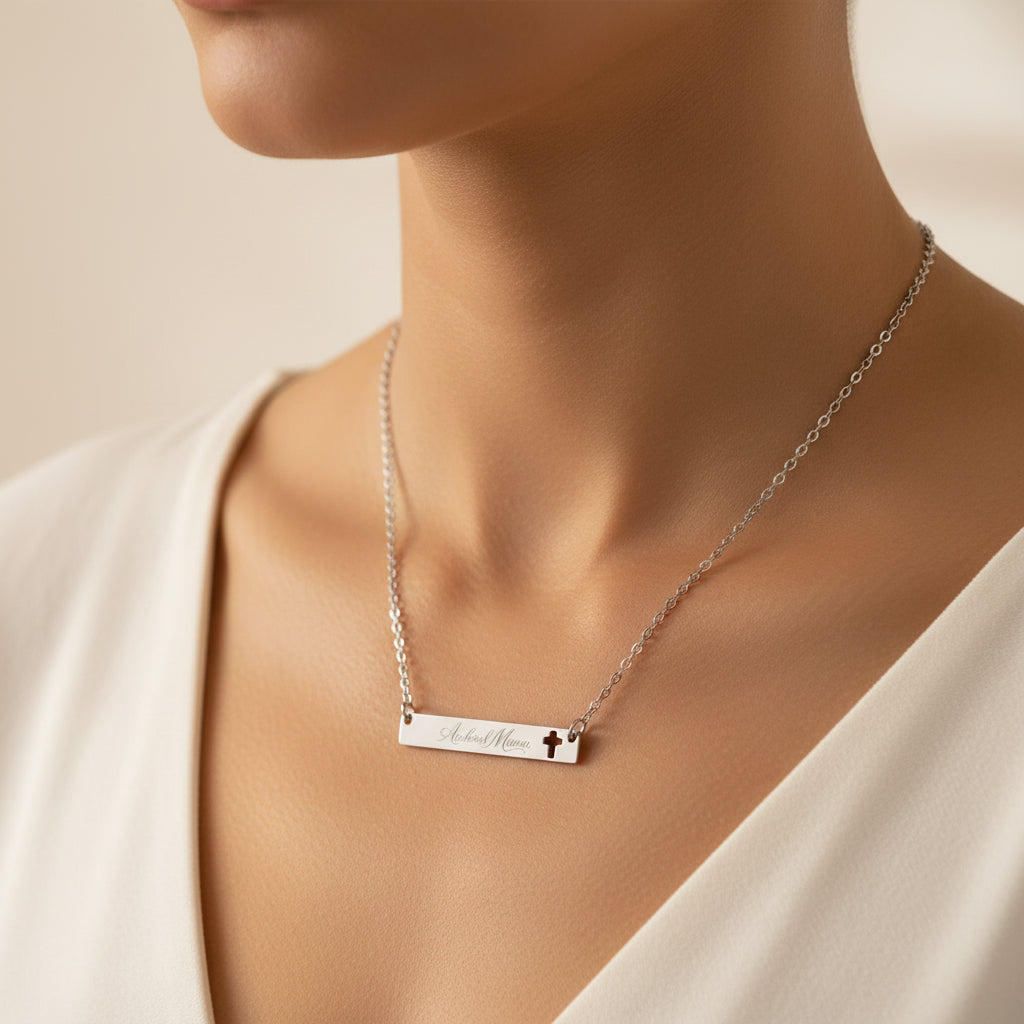 Personalized Cross Bar Necklace | Engraved Christian Name Necklace | Anchored Mama Co.