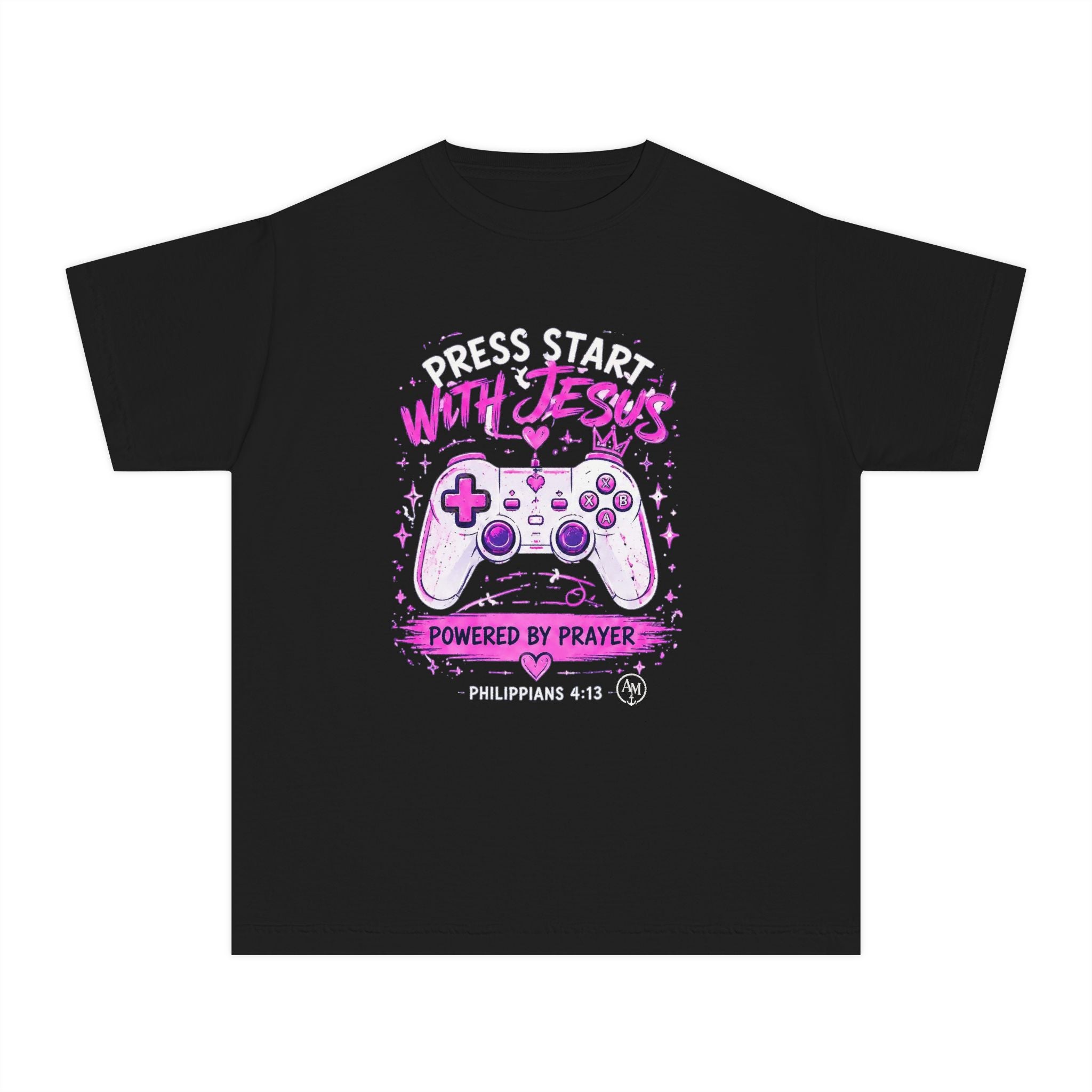 Youth Tee - "Press Start with Jesus" Gamer Christian T-Shirt (Powered by Prayer)
