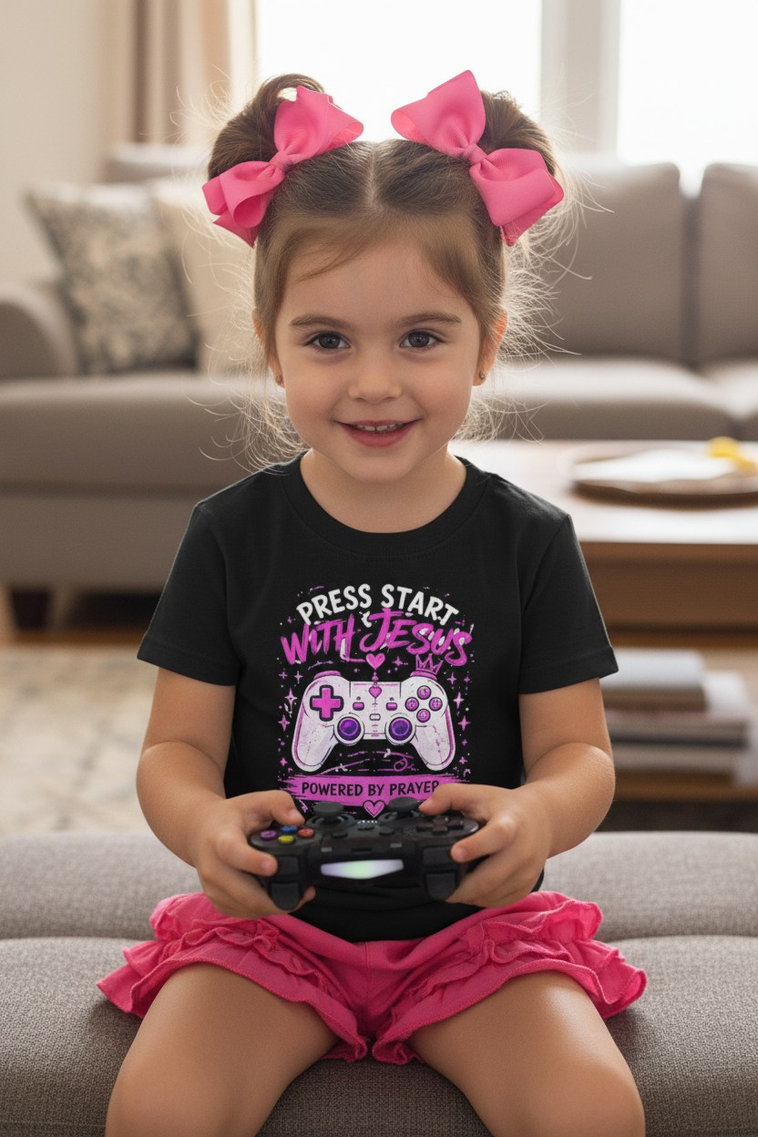 Youth Tee - "Press Start with Jesus" Gamer Christian T-Shirt (Powered by Prayer)