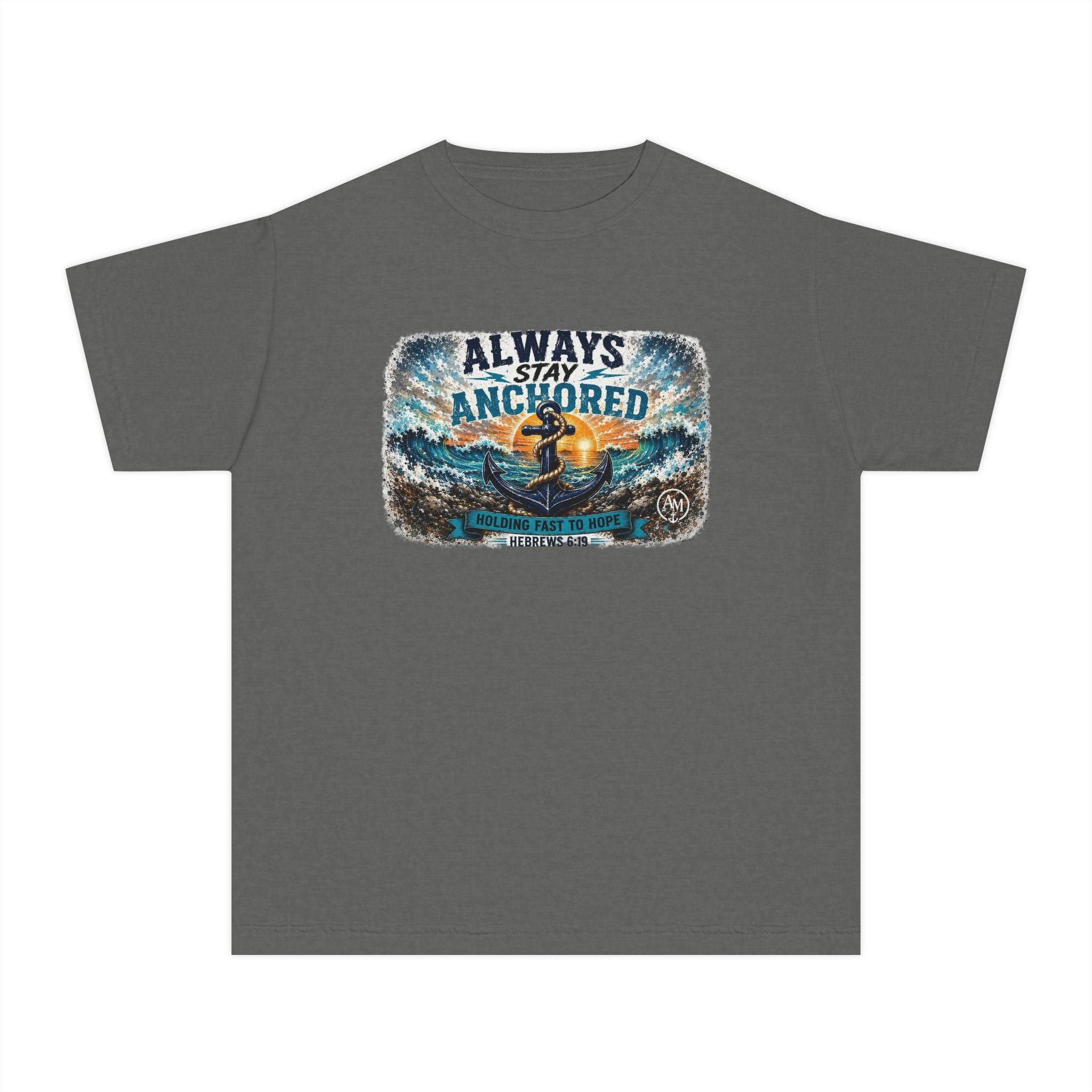 Youth Tee - "Always Stay Anchored" Nautical Anchor Sunset Graphic