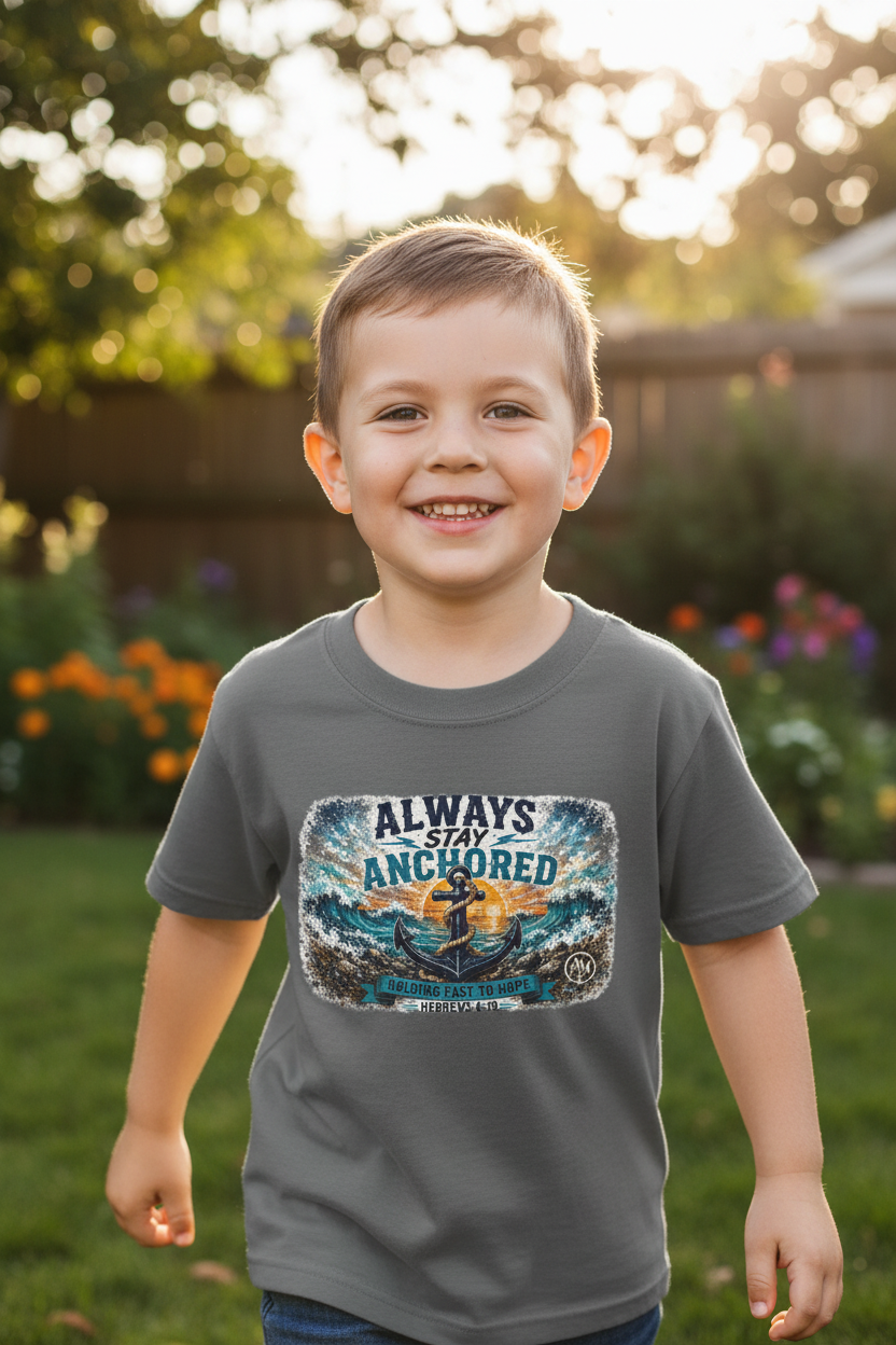 Youth Tee - "Always Stay Anchored" Nautical Anchor Sunset Graphic