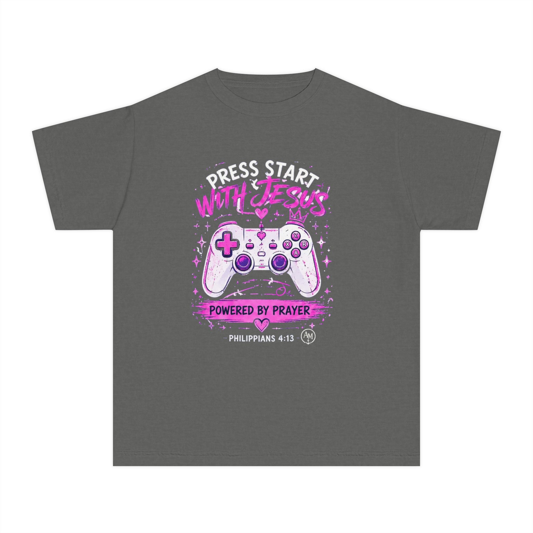 Youth Tee - "Press Start with Jesus" Gamer Christian T-Shirt (Powered by Prayer)
