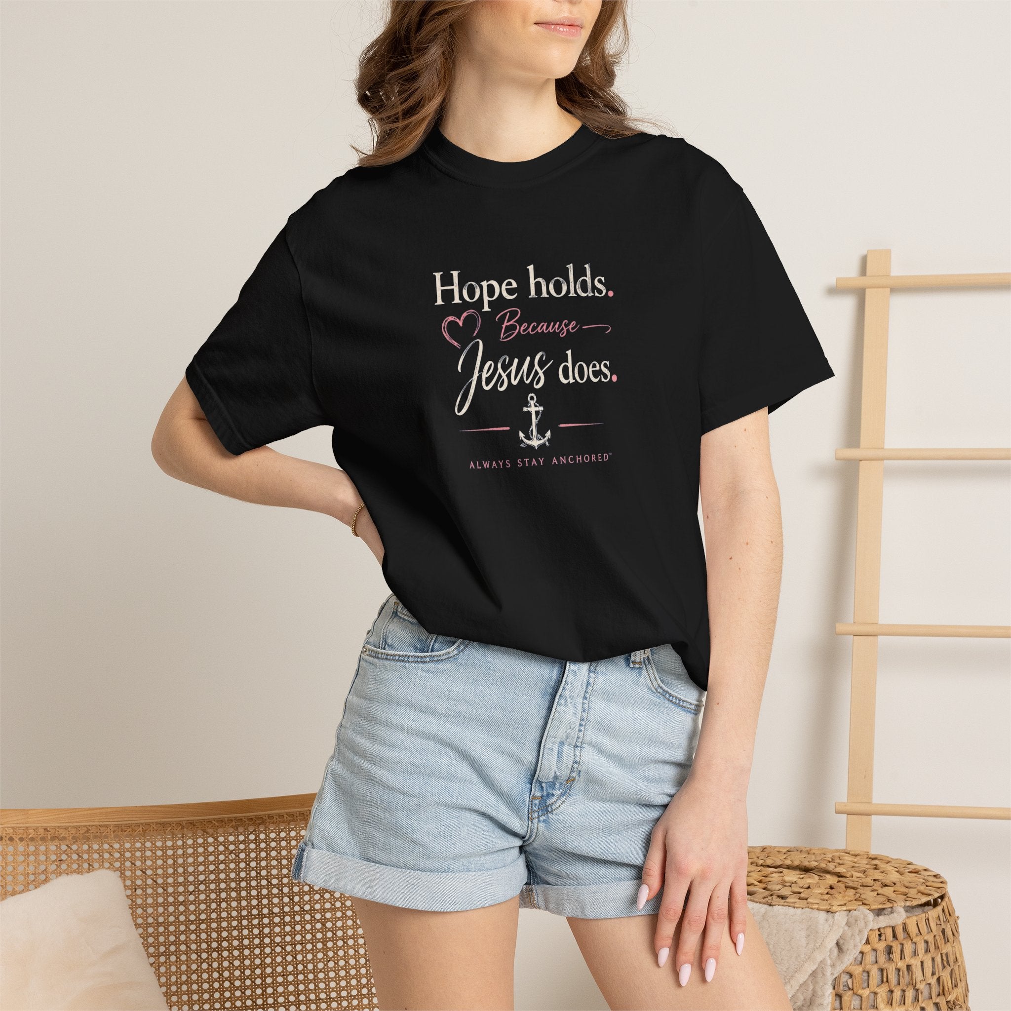 Christian T‑Shirt — "Hope Holds Because Jesus Does" Inspirational Tee