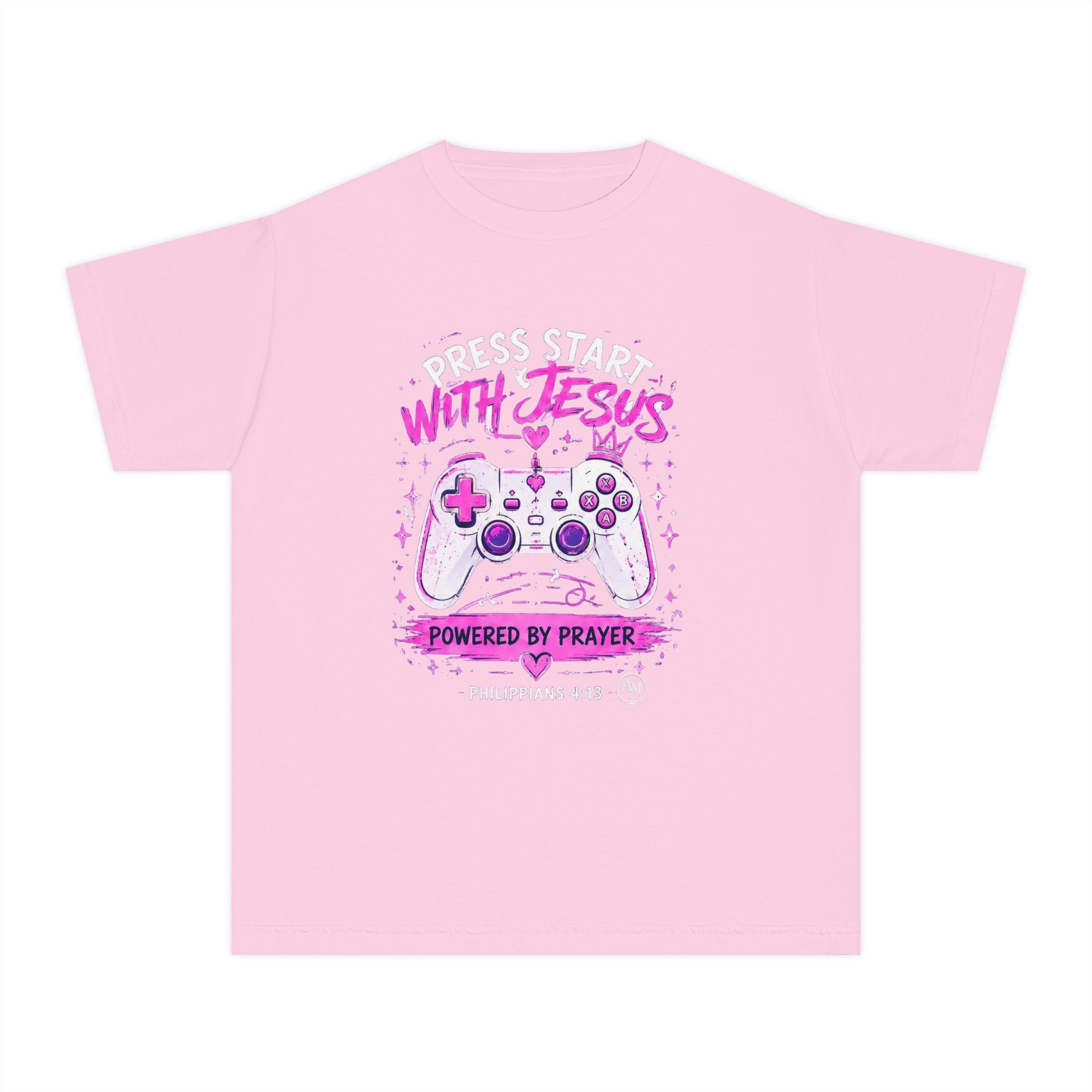 Youth Tee - "Press Start with Jesus" Gamer Christian T-Shirt (Powered by Prayer)