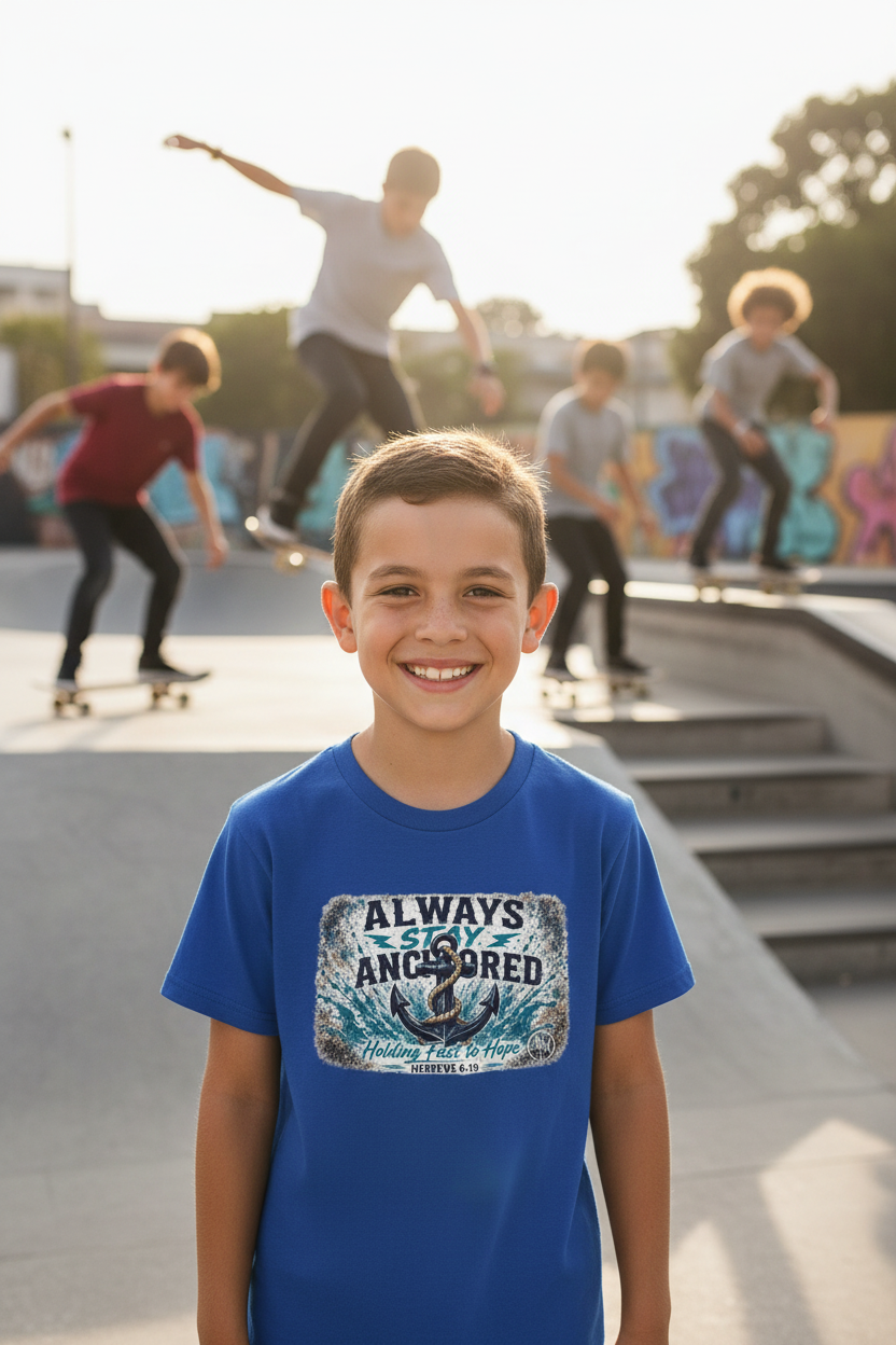 Youth Tee — "Always Stay Anchored" Nautical Anchor Graphic Kids Shirt