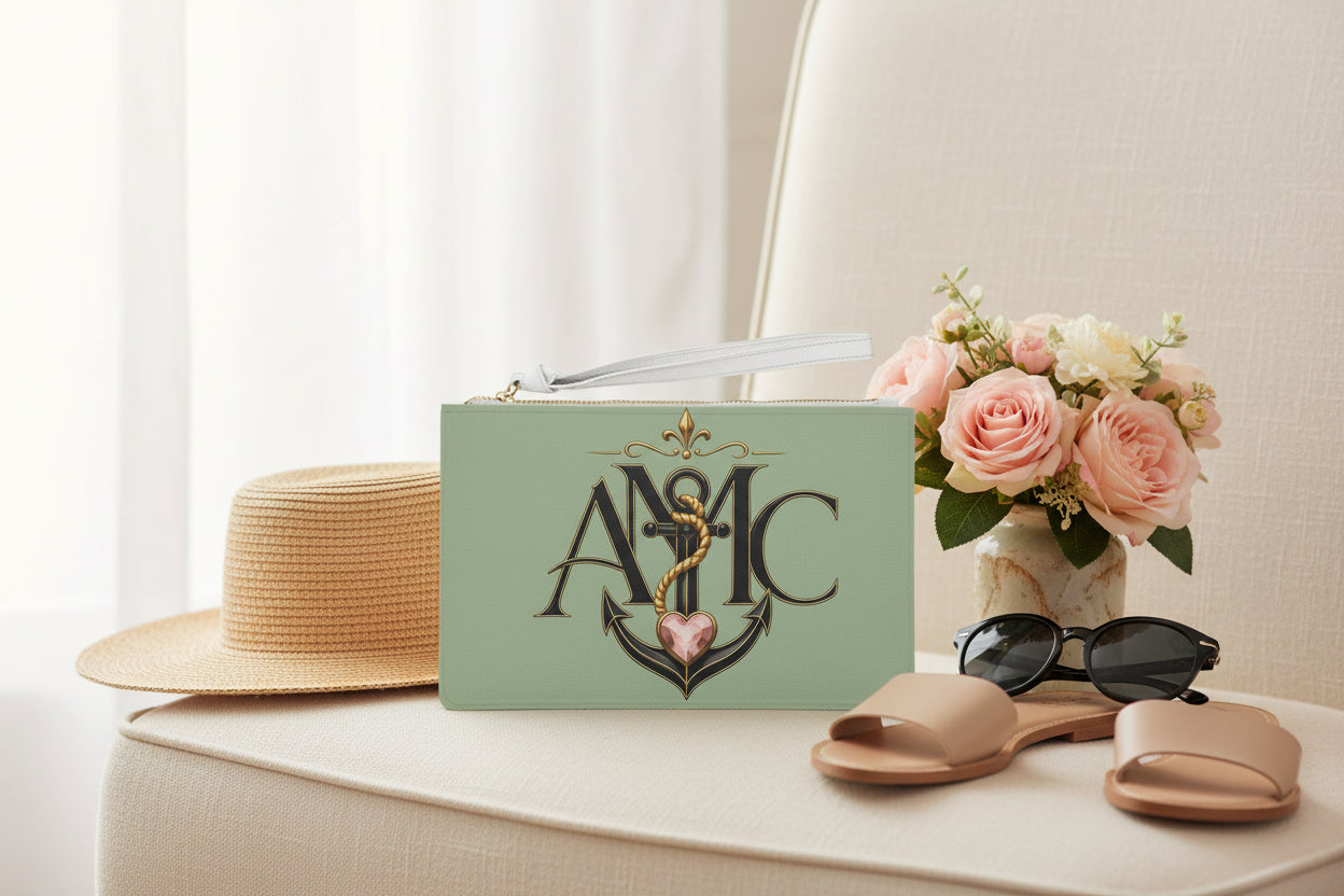 Anchor Heart Monogram Clutch Bag | Sage Wristlet Pouch | Anchored Mama Co.