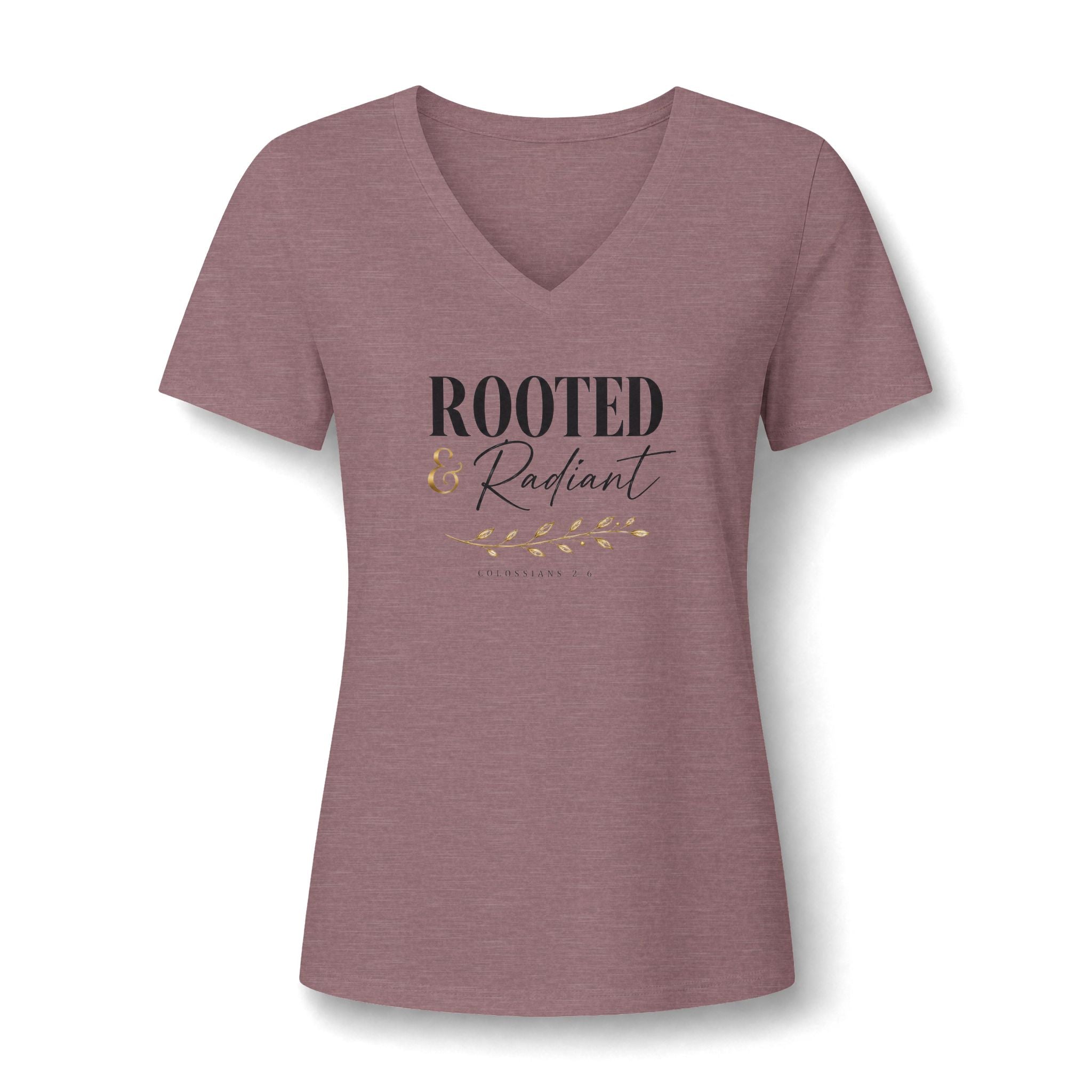 Rooted & Radiant Women's V-Neck Tee — Inspirational Floral Faith Graphic