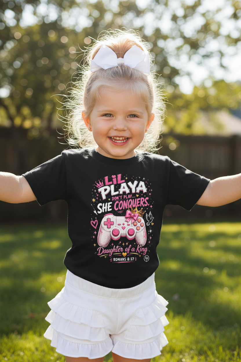 Youth Tee — "Lil Playa Don't Play...She Conquers" Gamer Girl T-Shirt (Daughter of a King, Romans 8:37)